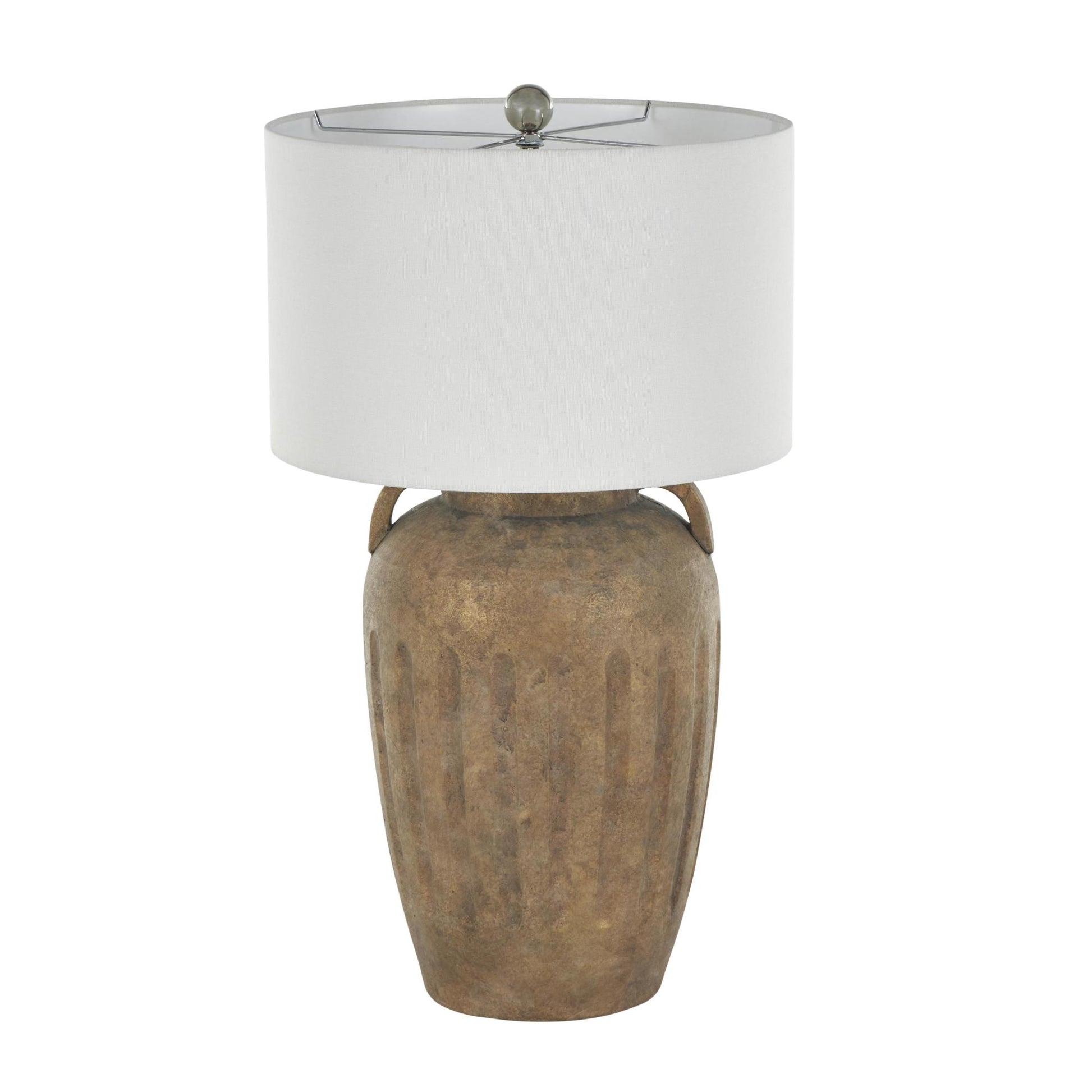 Ceramic Tall Distressed Antique Style Pot Vase Room Table Lamp with Cream Linen Shade and Textured Grooves 16" x 16" x 29"