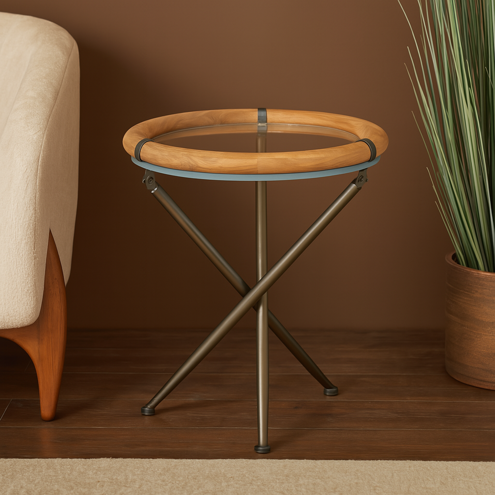 Brass Metal Round Side End Accent Table with Brown Wooden Framed Glass Tabletop