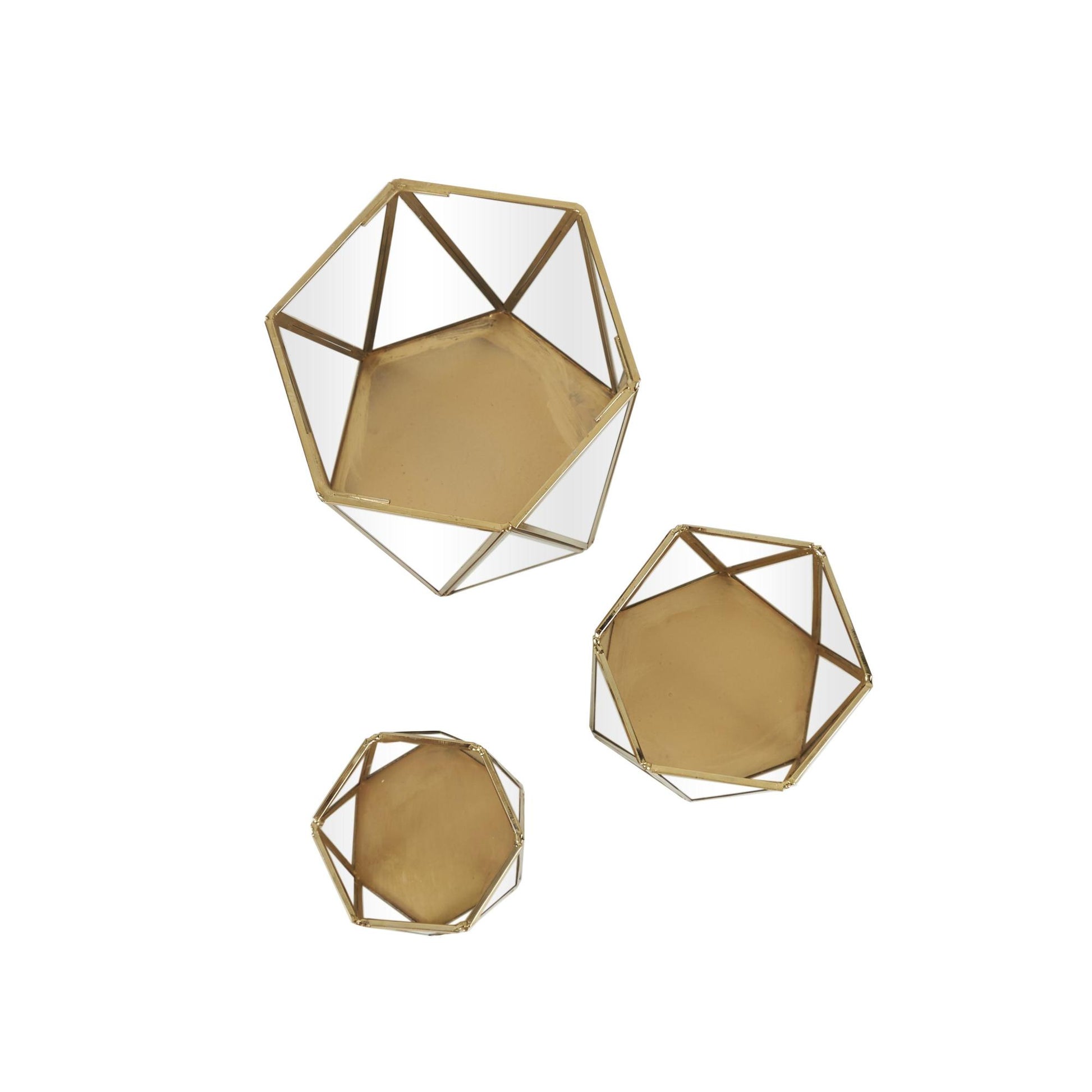 CosmoLiving by Cosmopolitan Set of 3 Geometric Gold Metal Triangle Patterned Hexagon Indoor Outdoor Candle Lantern with Clear Glass