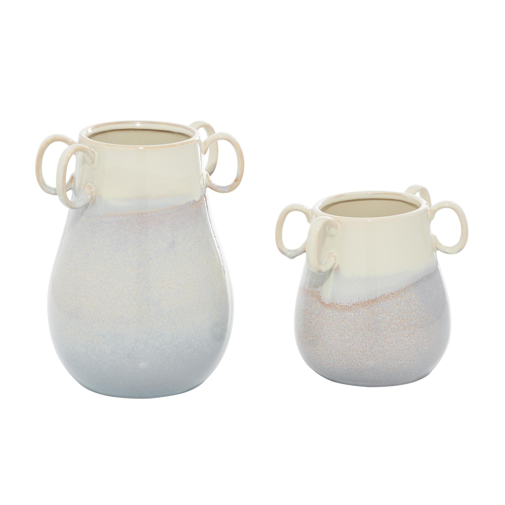 Set of 2 White Ceramic Decorative Vase with Handles