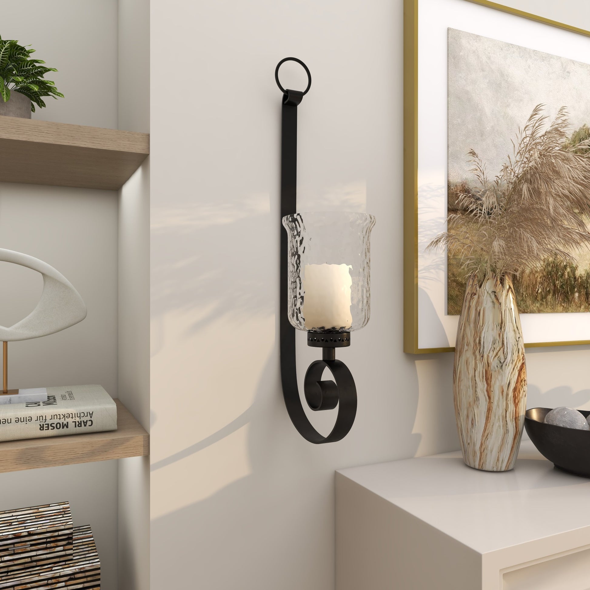 Scroll Black Metal Long Indoor Outdoor Wall Sconce with Hurricane Glass Holder