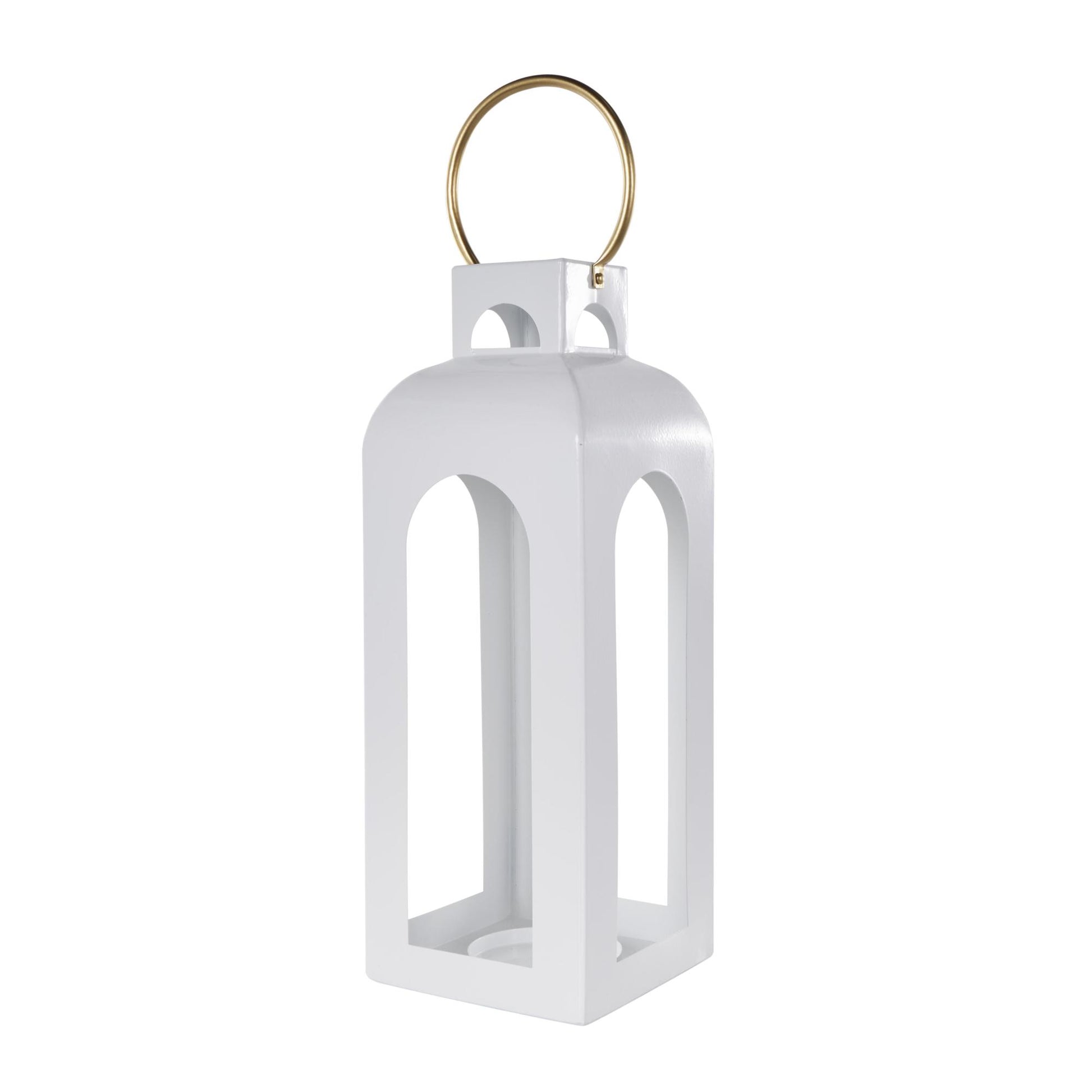 White Metal Tall Arched Cutout Indoor Outdoor Candle Lantern with Gold Handle