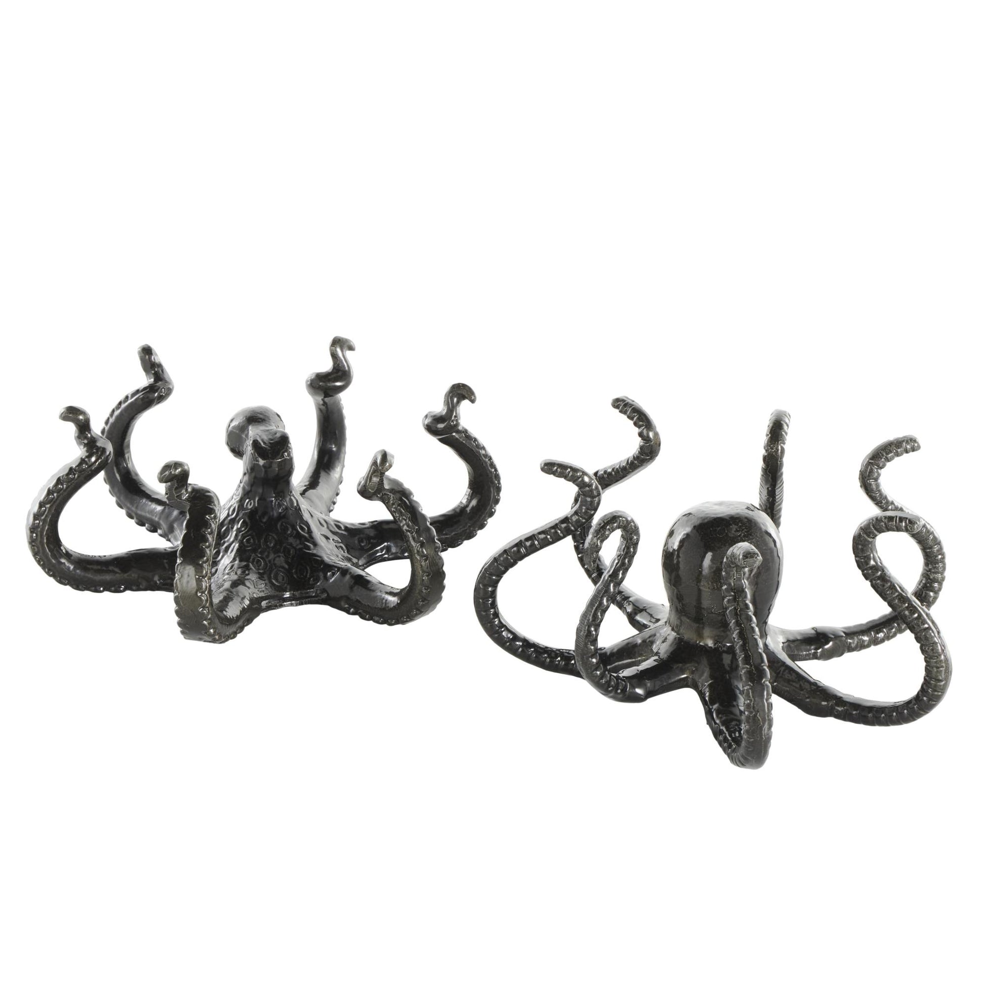 Set of 2 Octopus Black Aluminum Metal Decorative Sculpture with Splayed Arms