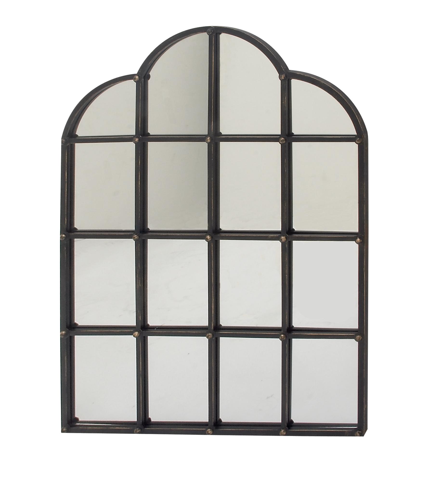 Black Metal Window Pane Inspired Room Wall Mirror with Arched Tops and Studs