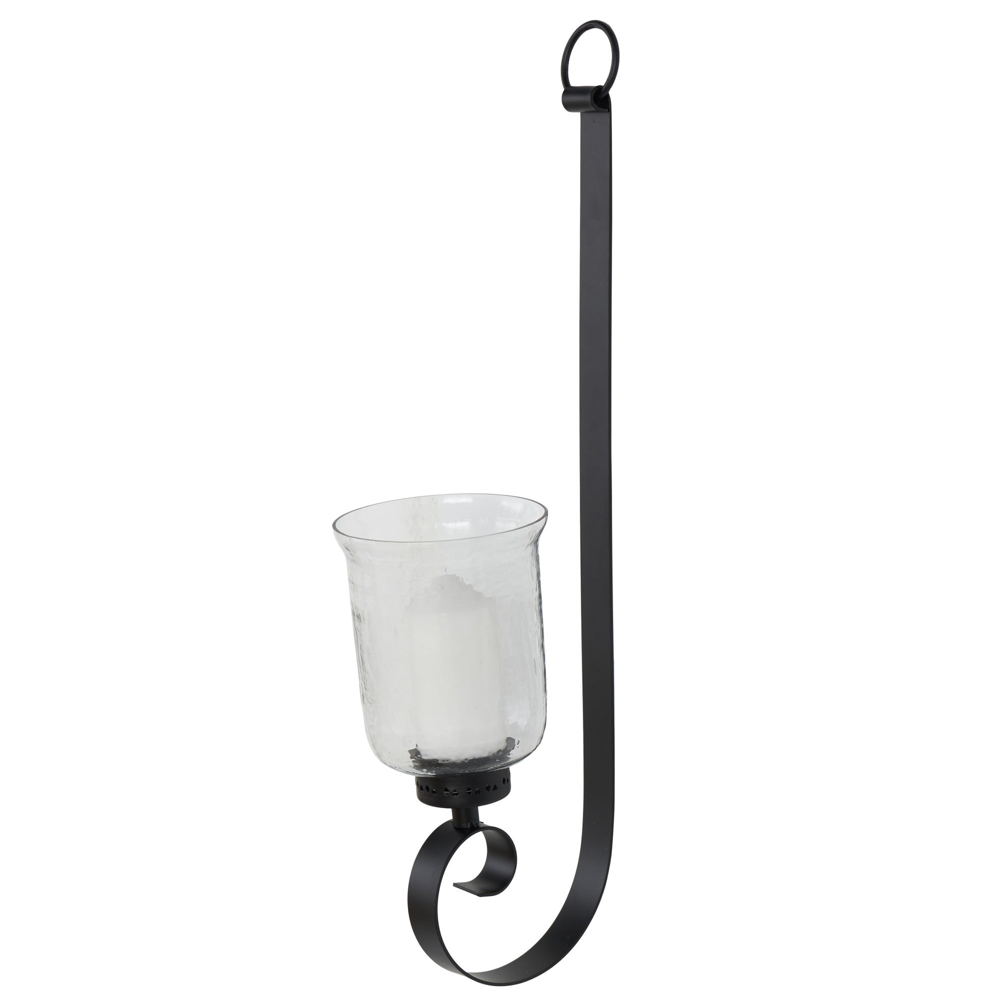 Scroll Black Metal Long Indoor Outdoor Wall Sconce with Hurricane Glass Holder