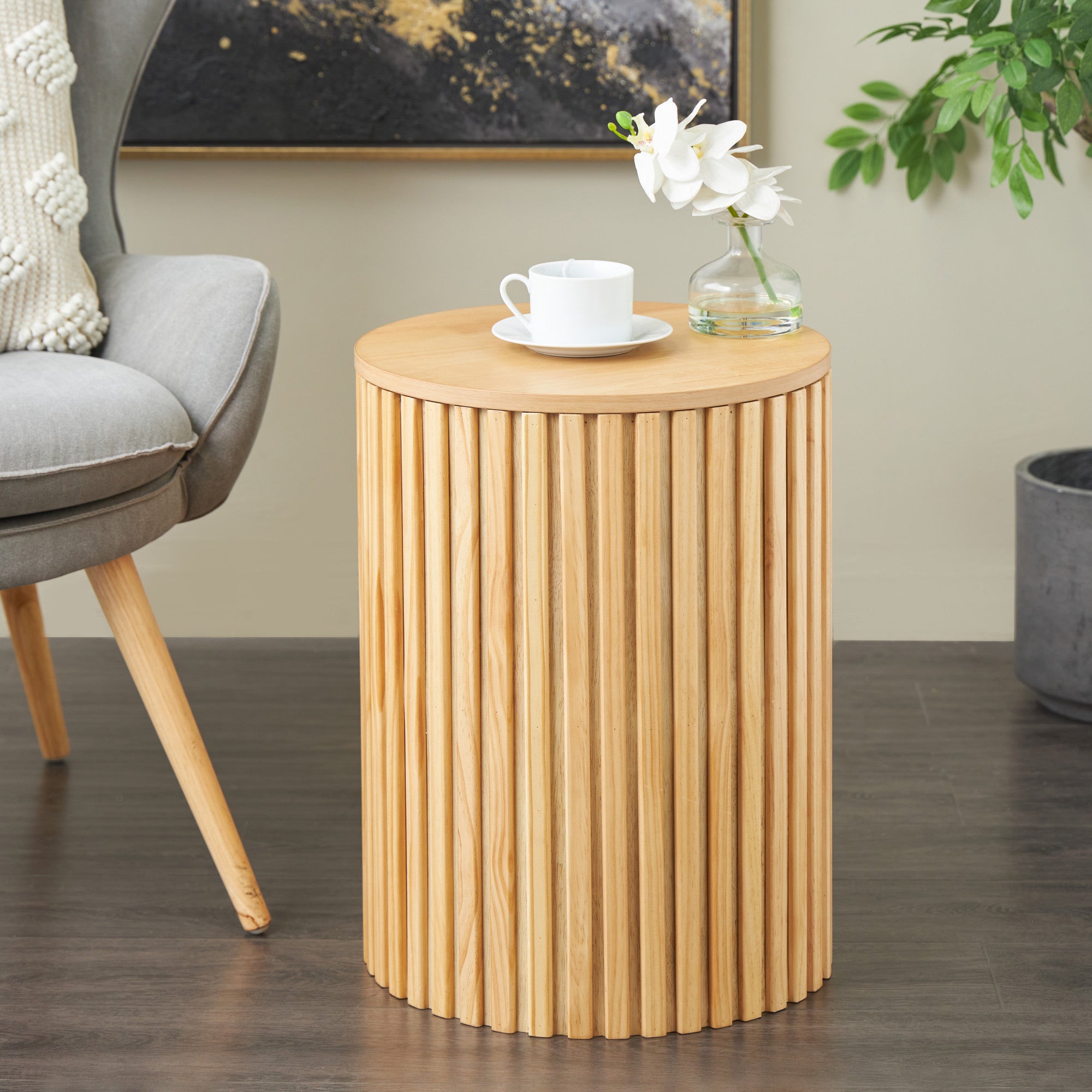 Wood Handmade Ribbed Storage Side End Accent Table with Slatted Base
