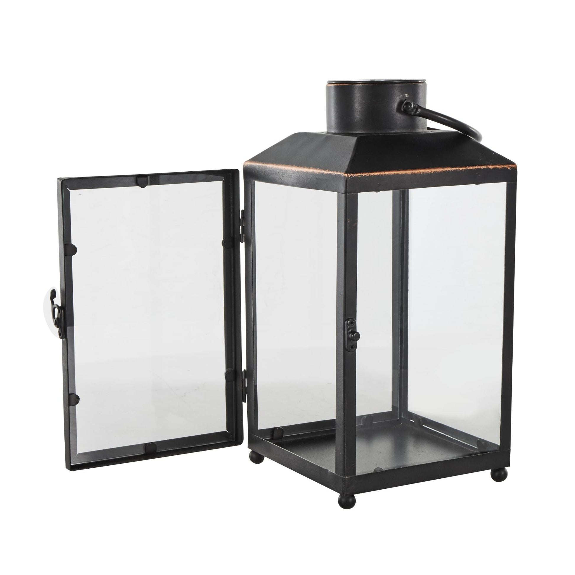 Black Metal Modern Indoor Outdoor Candle Lantern with Gold Accents