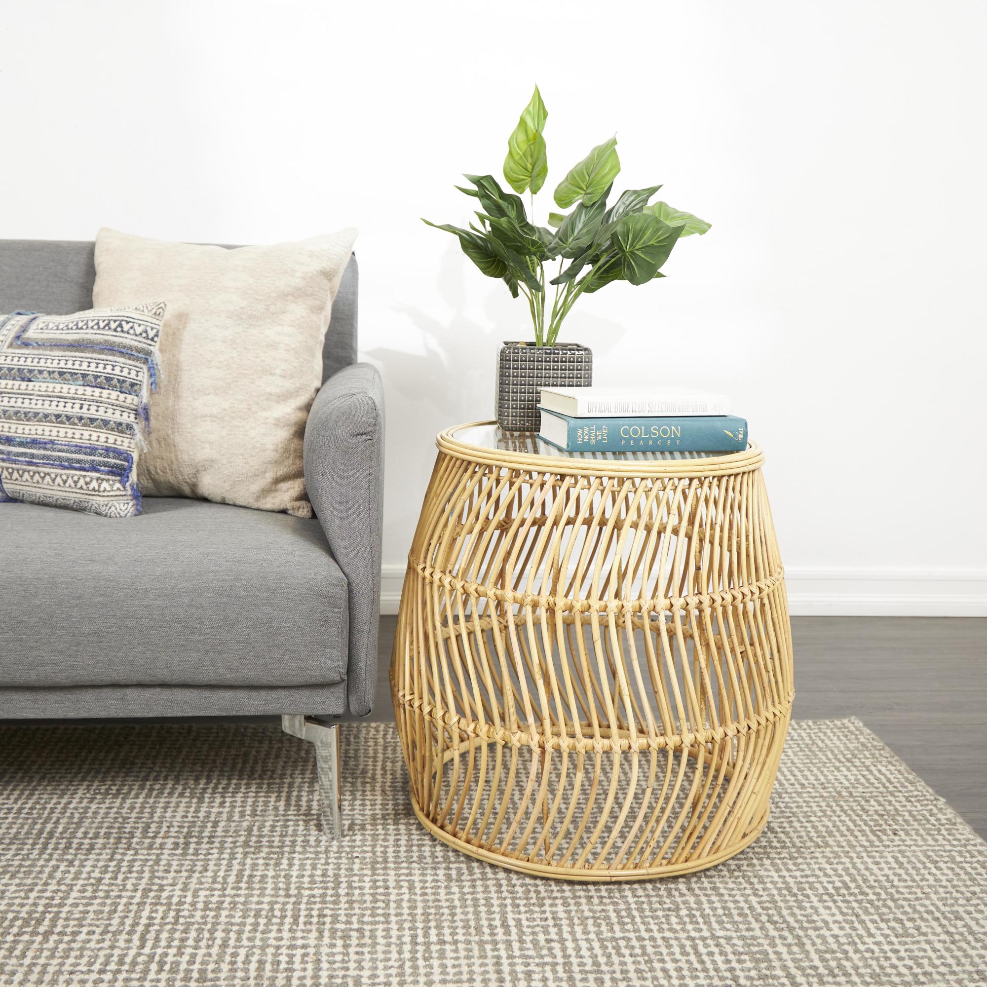 Brown Rattan Handmade Wavy Woven Side End Accent Table with Glass Top