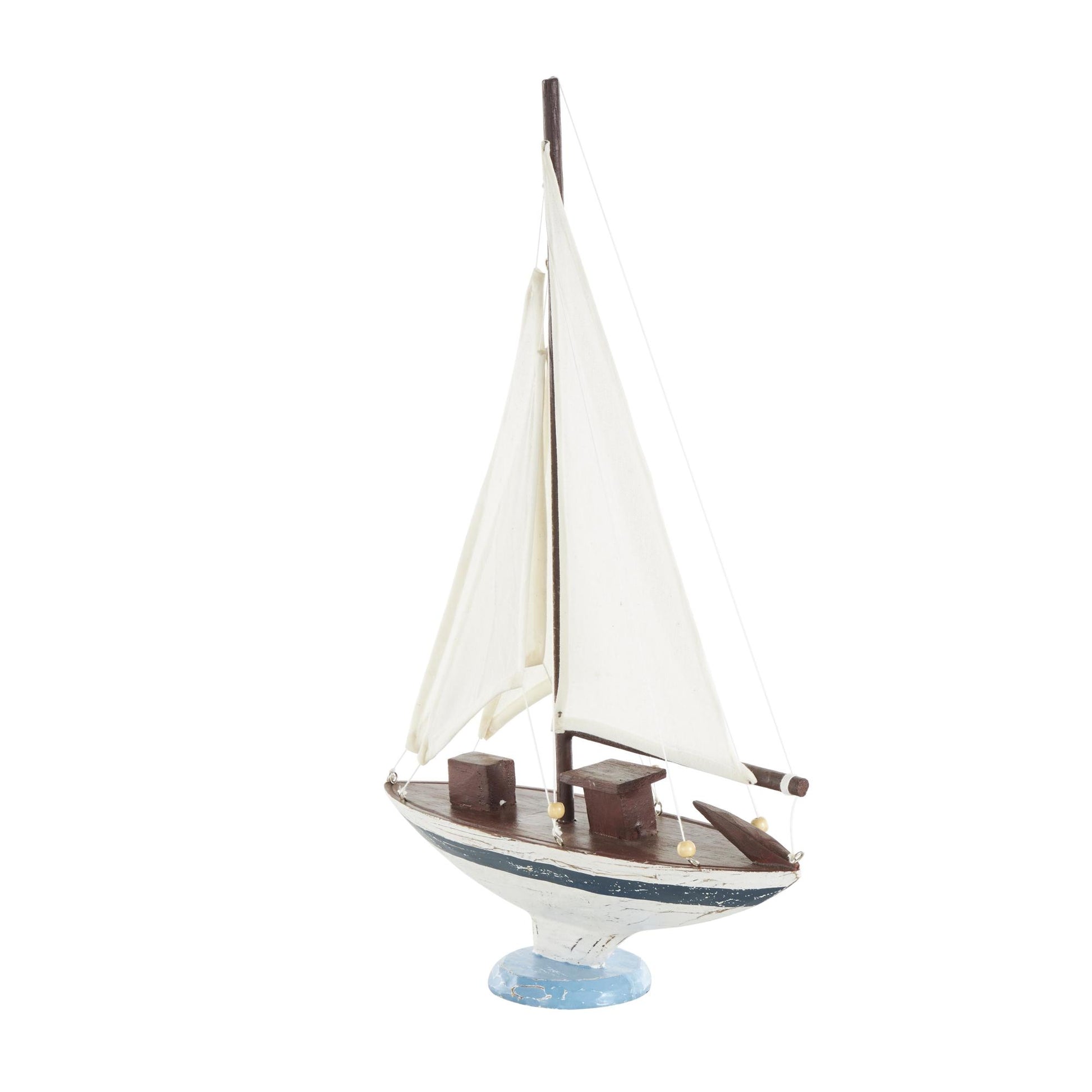 Sail Boat White Wood Distressed Decorative Sculpture with Brown Wood and Beaded Accents