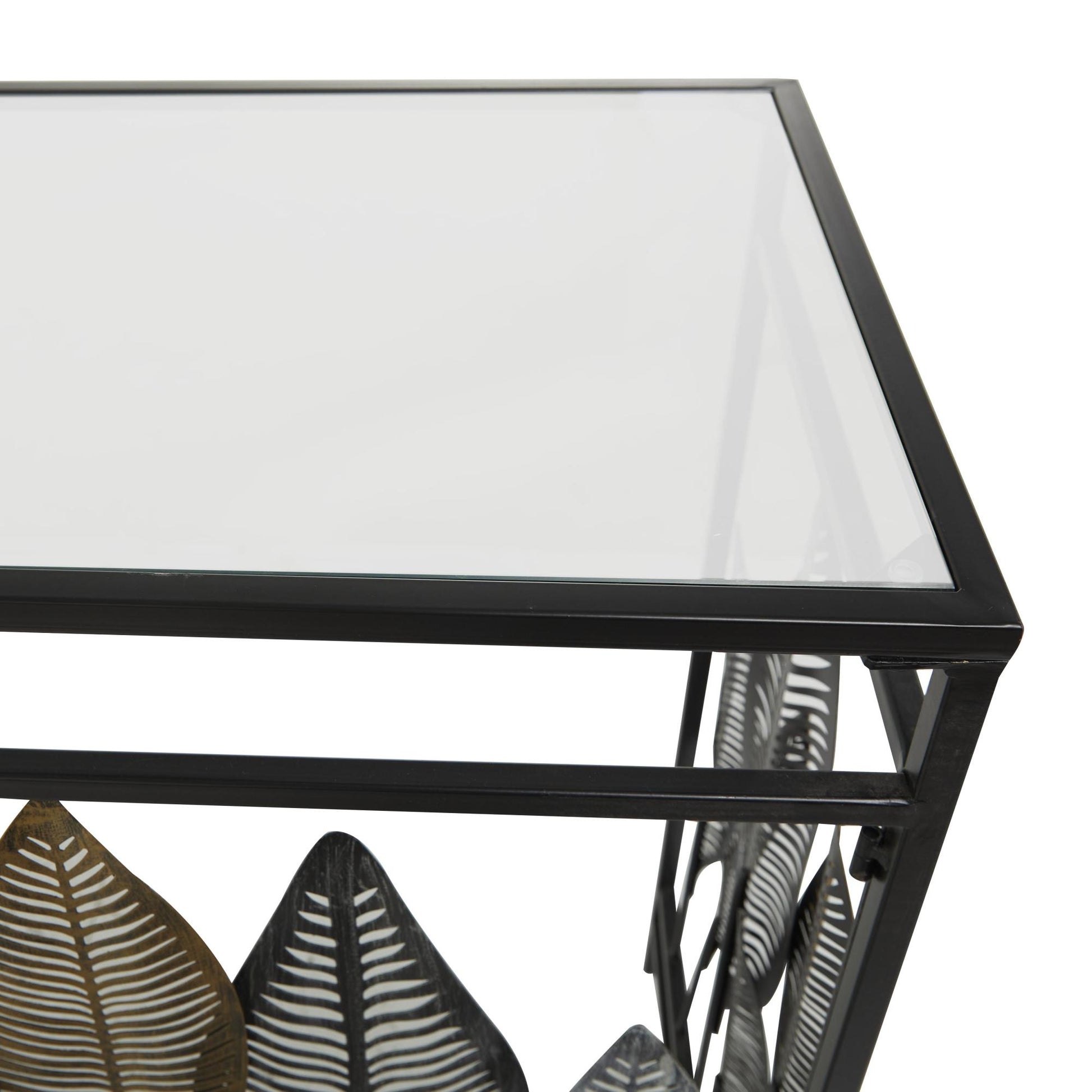 Leaf Metal Rectangular Living Room Console Table with Mirrored Glass Top and Gold Accents