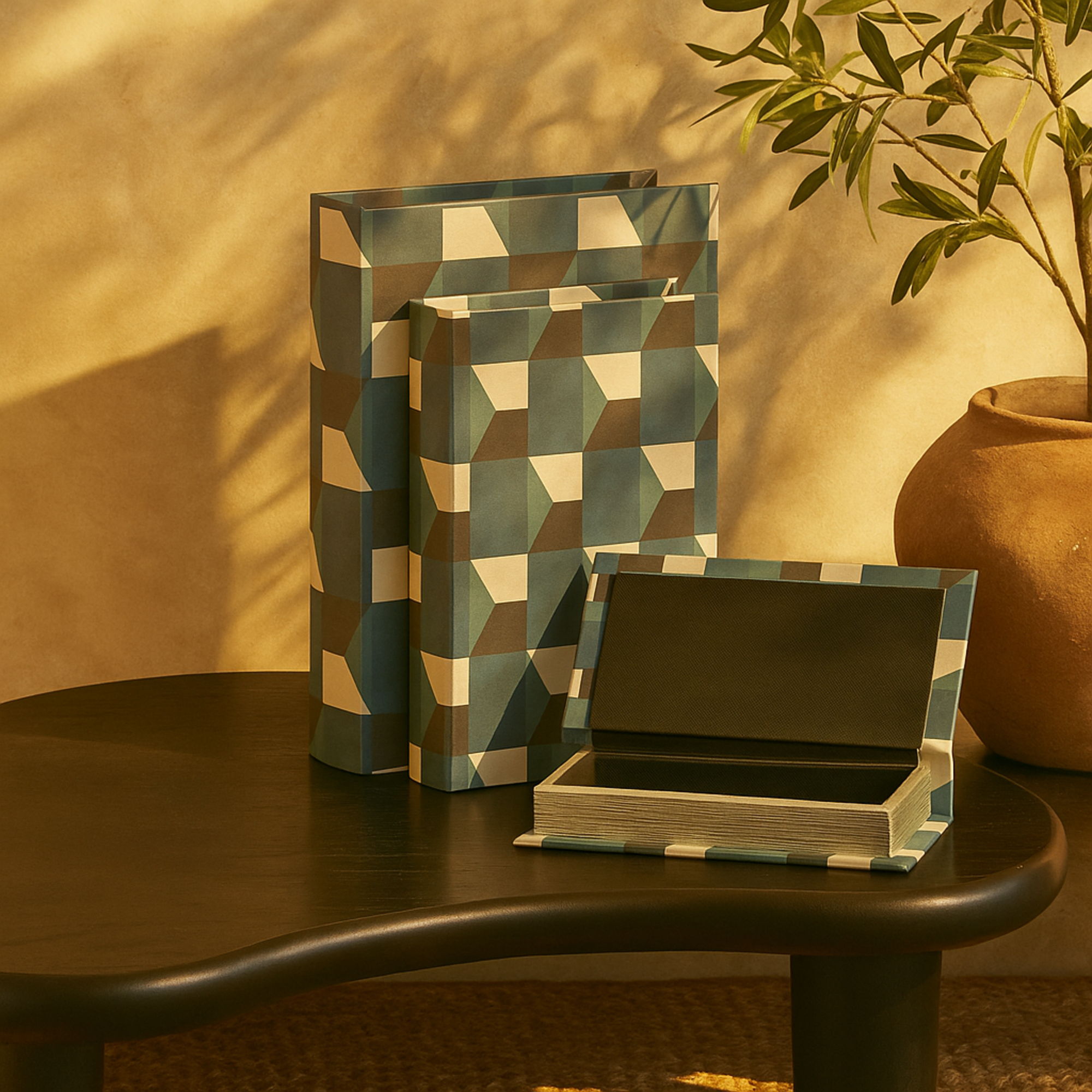 Set of 3 Geometric Blue Faux Leather Faux Book Storage Decorative Box with Black and White Accents