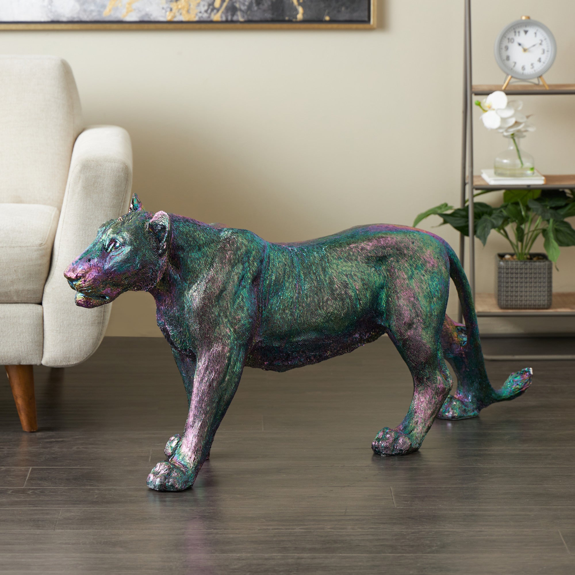Leopard Multi Colored Resin Standing Decorative Sculpture with Rainbow Shimmer Finish