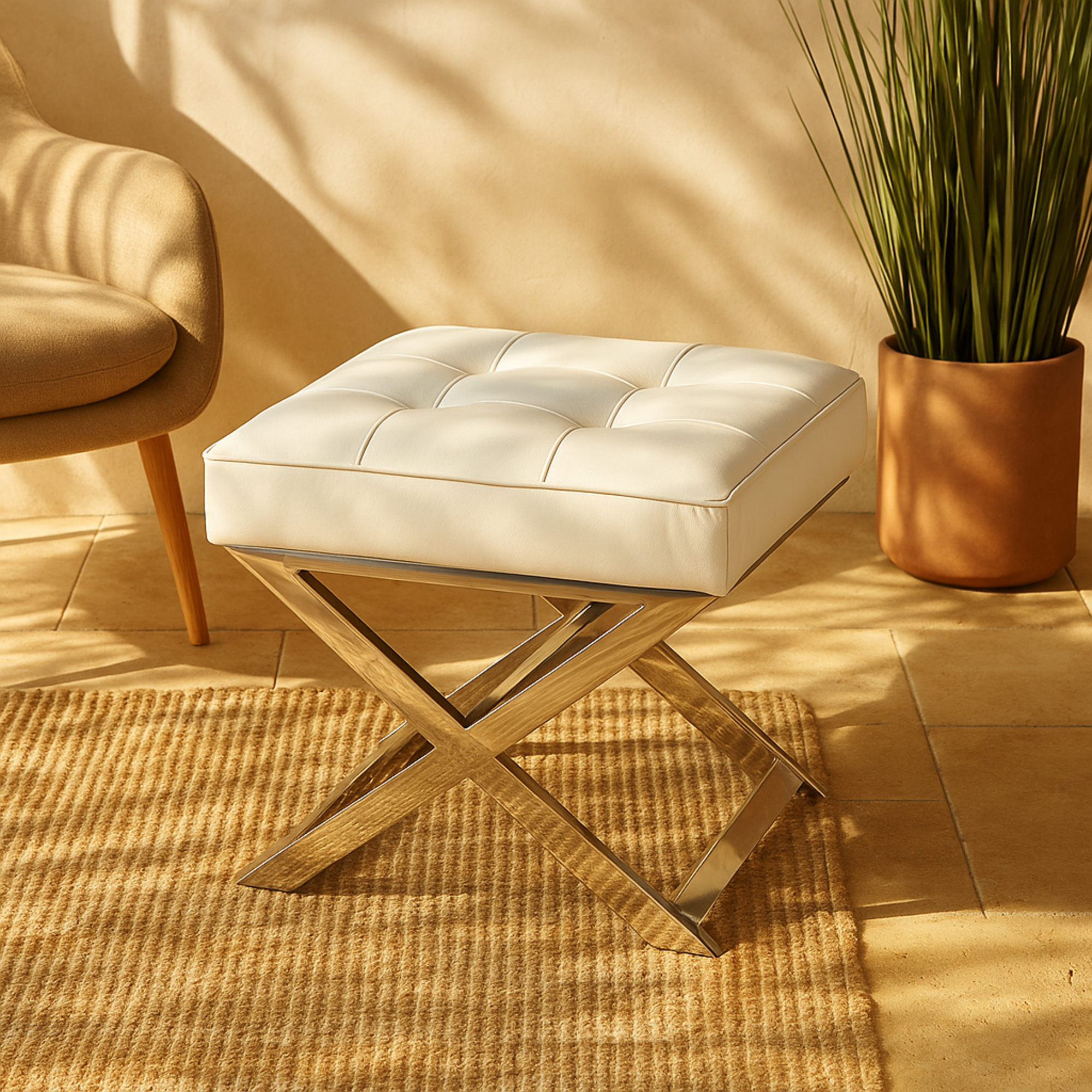 White Leather Living Room Stool with Stainless Steel Supports
