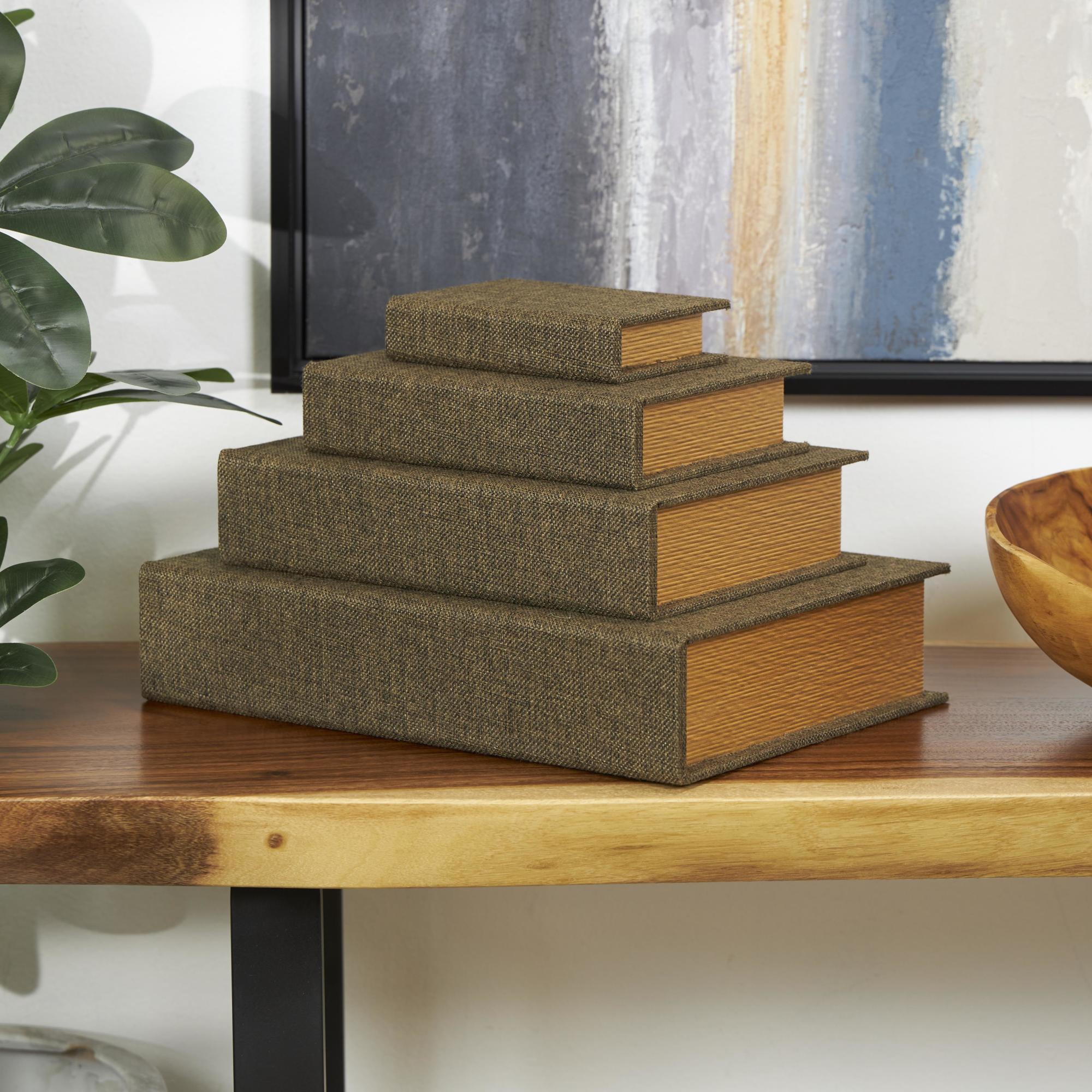 Set of 4 Dark Brown Fabric Faux Book Storage Decorative Box