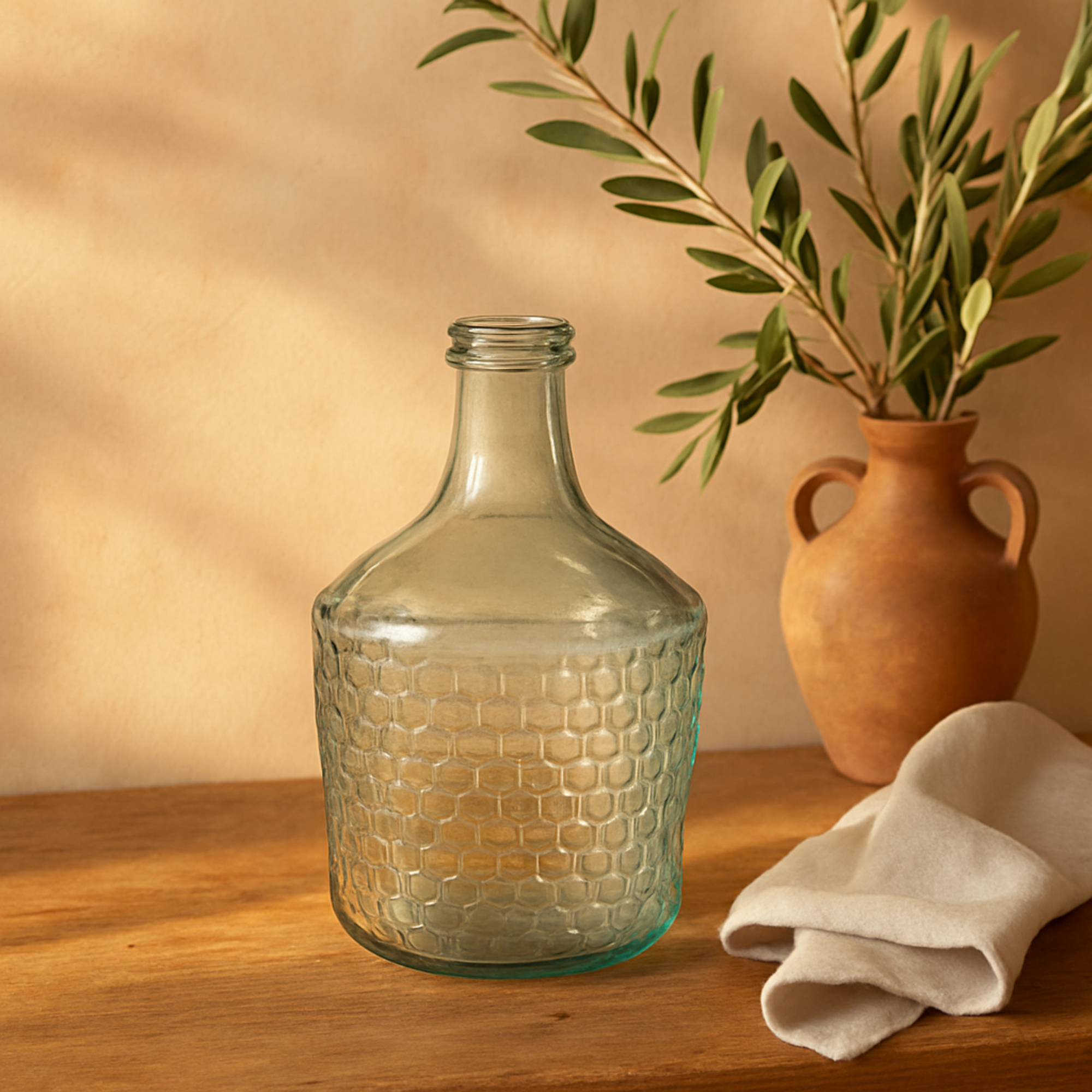 Teal Recycled Glass Handmade Spanish Bottle Neck Decorative Vase with Hexagon Bubble Texture