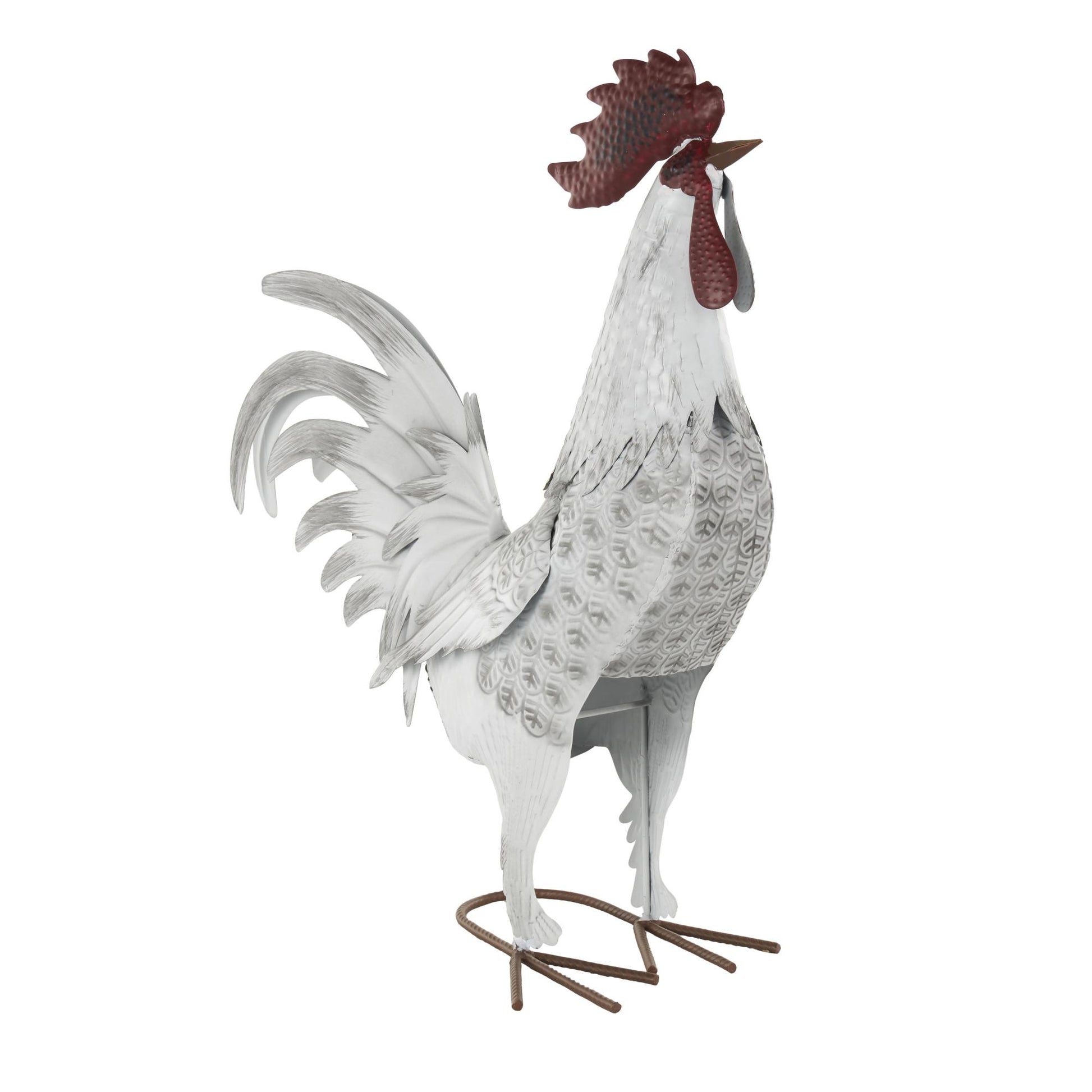 Rooster White Metal Decorative Garden Sculpture with Black Texturing and Red Accents