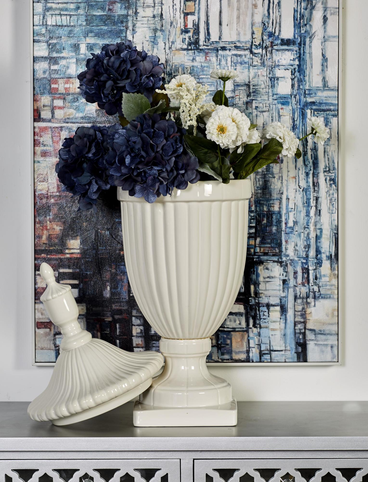 Ceramic Tall Living Room Decorative Jars with Grooves and Lid 12" x 12" x 32"