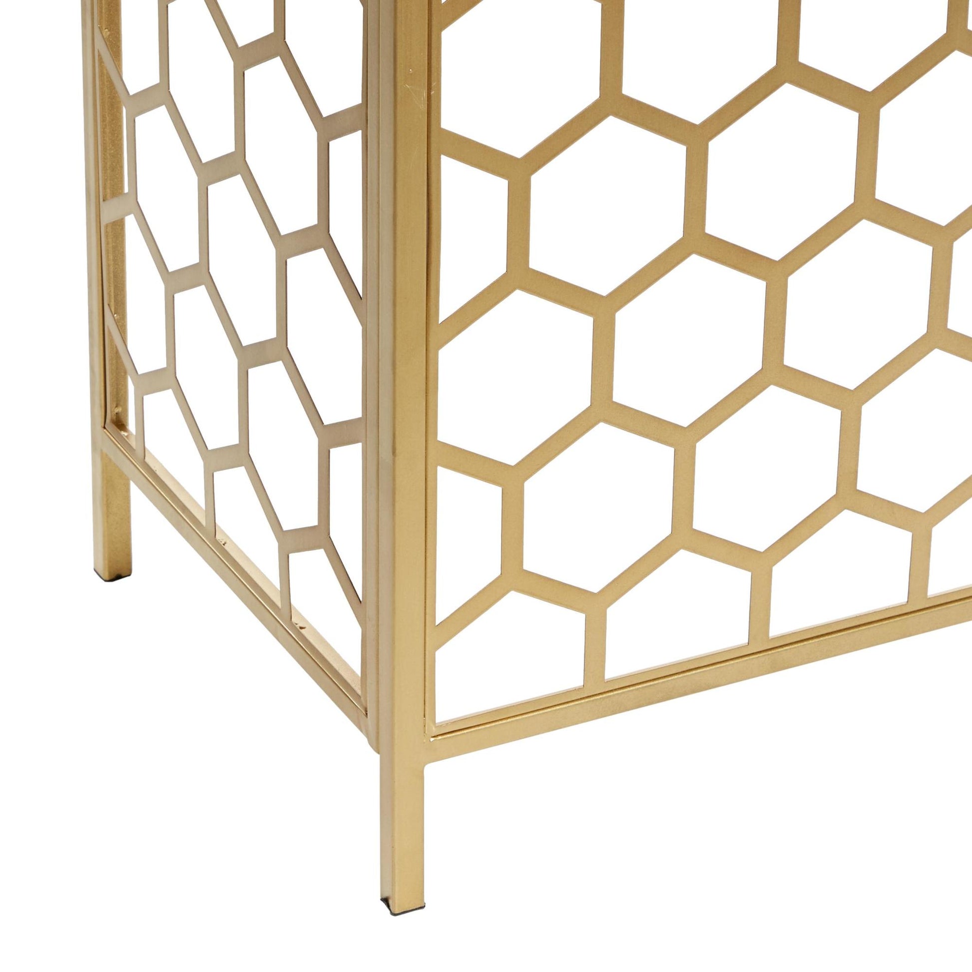 Geometric Gold Metal Honeycomb Pattern Living Room Console Table with Brown Wood Top