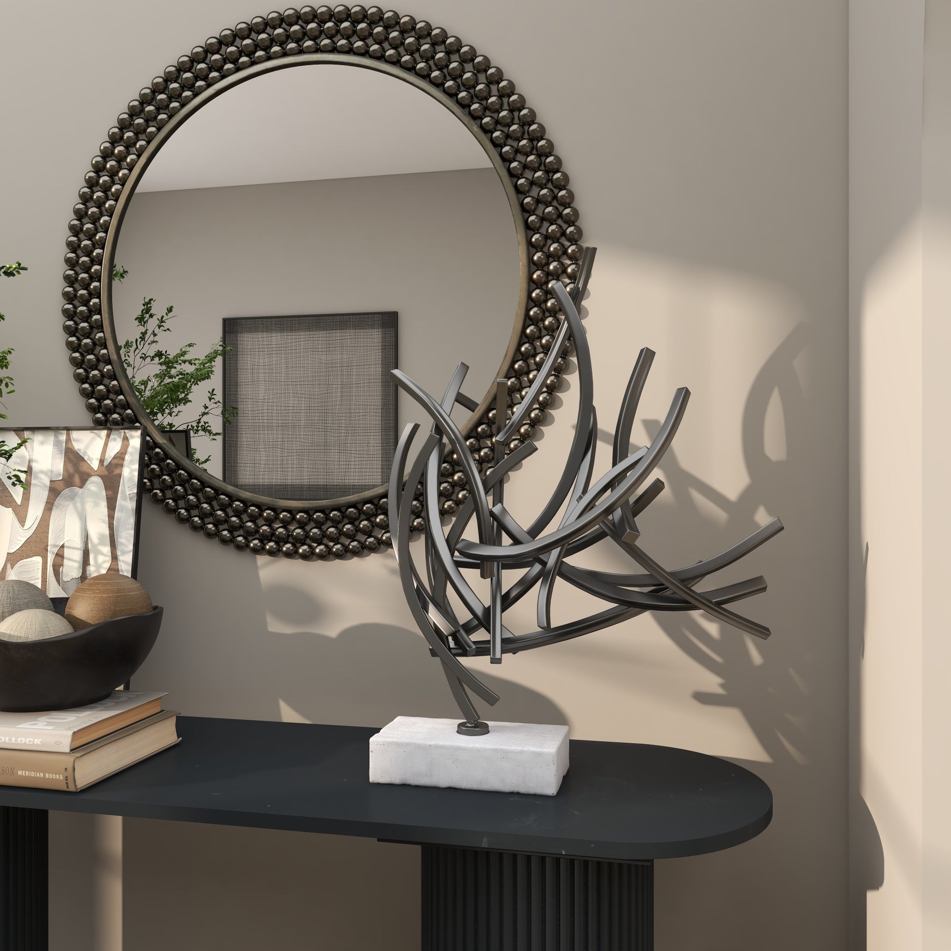 Abstract Dark Gray Metal Decorative Sculpture with Marble Base