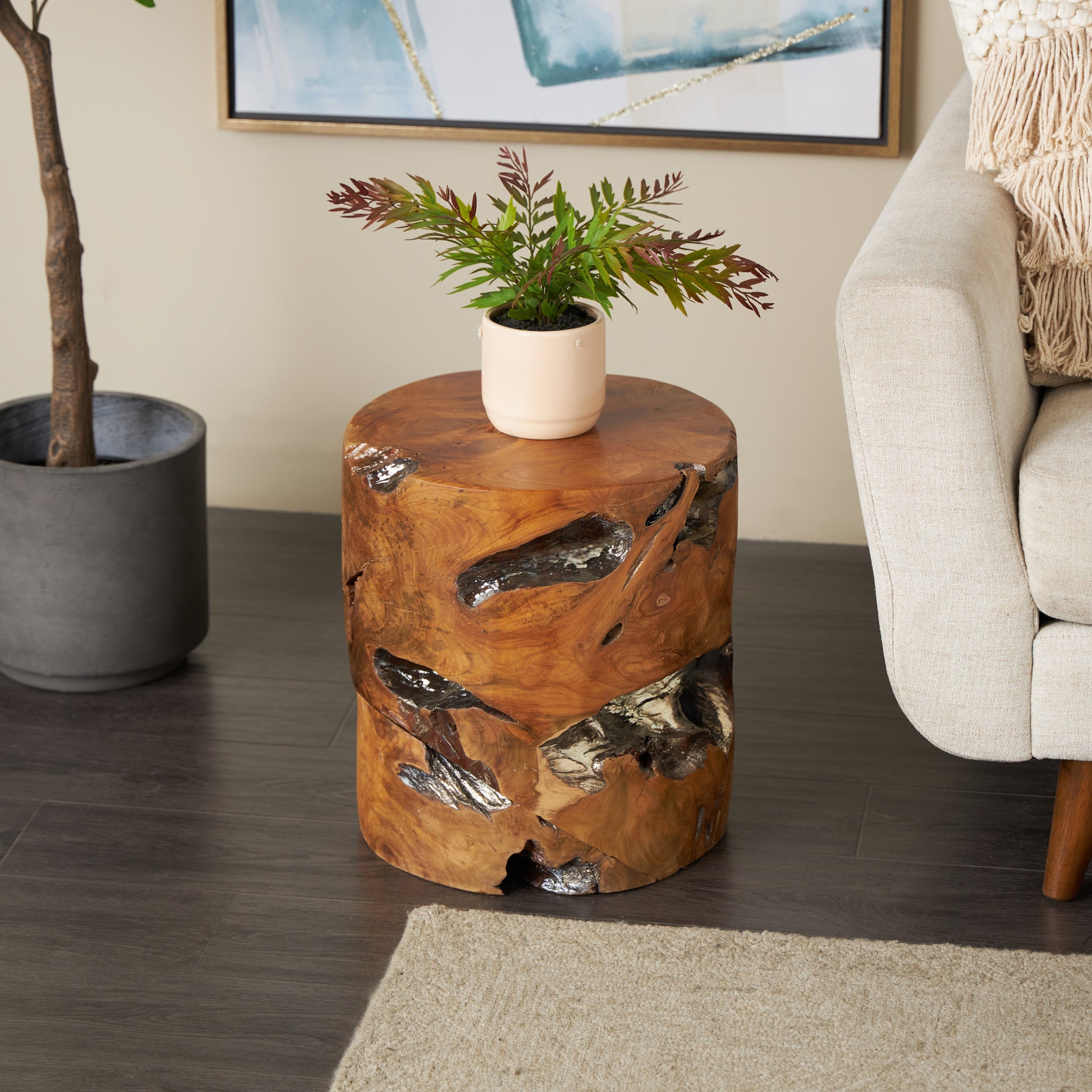 Brown Teak Wood Handmade Live Edge Tree Stump Living Room Stool with Silver Accents