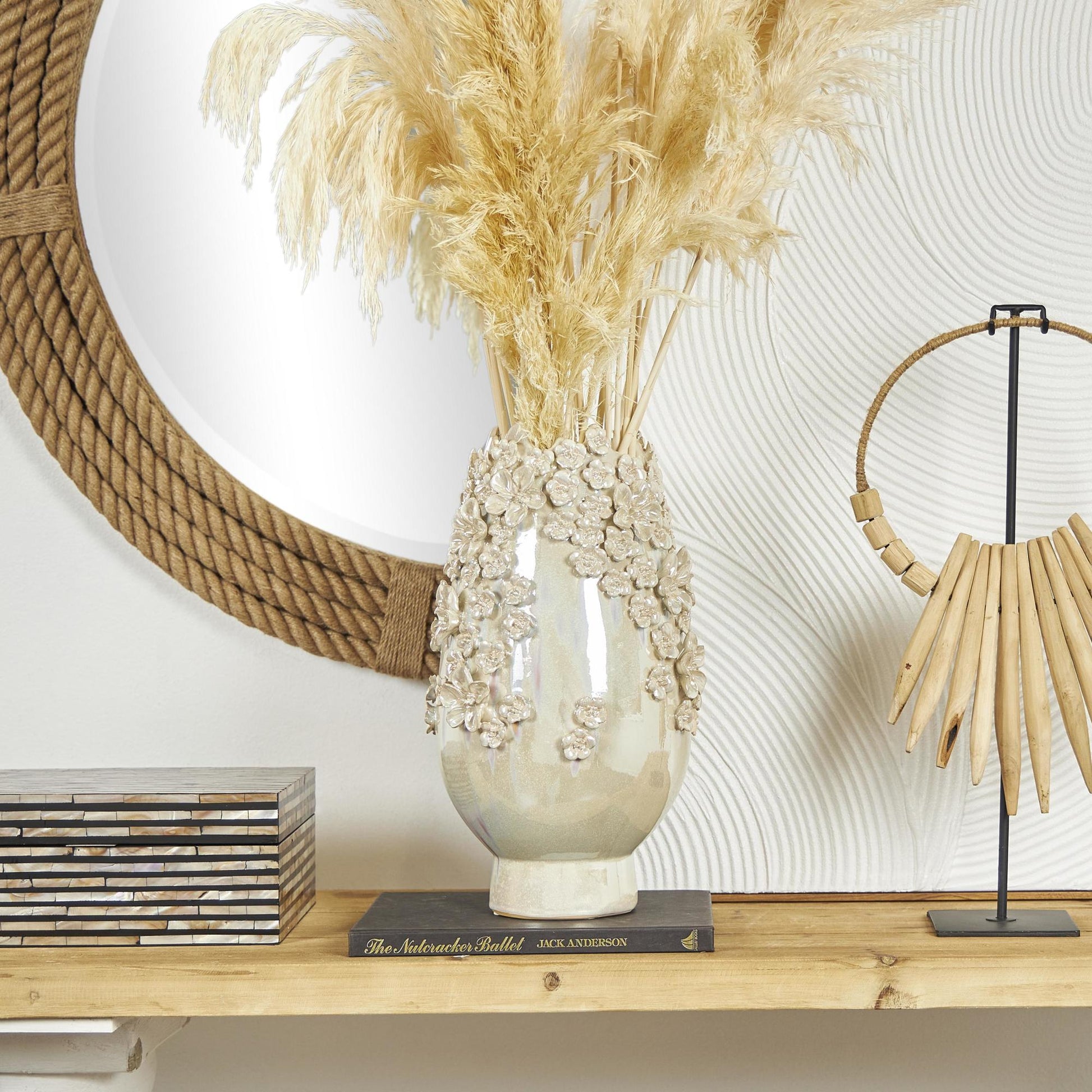 Floral Cream Ceramic 3D Decorative Vase with Iridescent Glaze