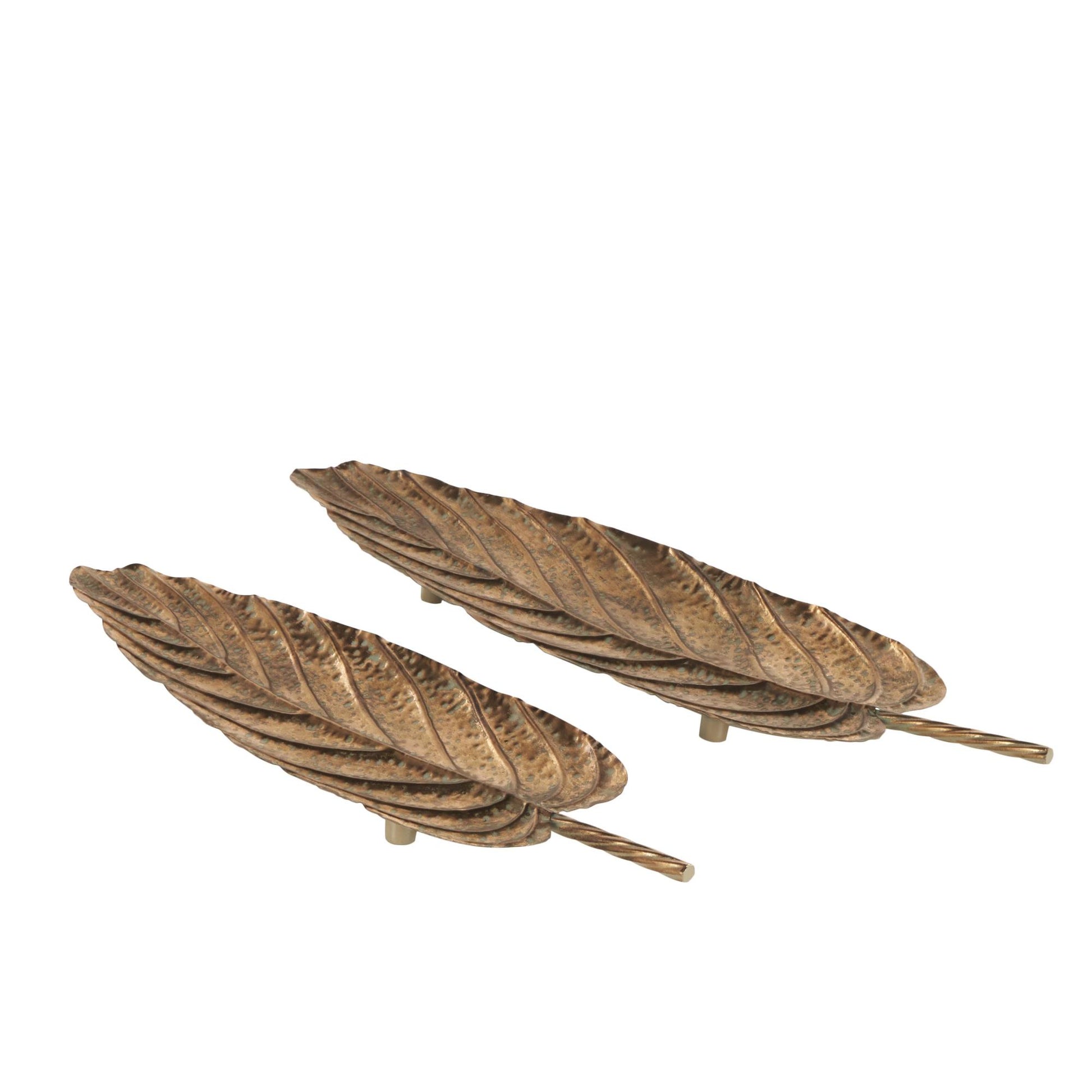 Set of 2 Leaf Copper Metal Textured Living Room Decor Tray with Patina Accents and Elevated Feet