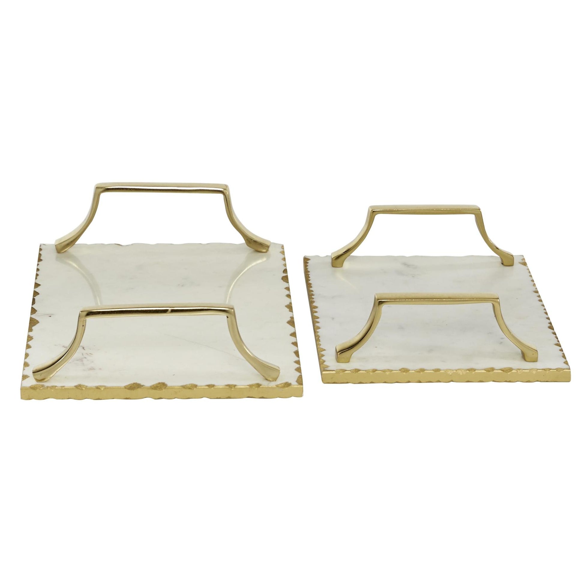 Set of 2 Marble Scalloped Living Room Decor Tray with Gold Metal Handles