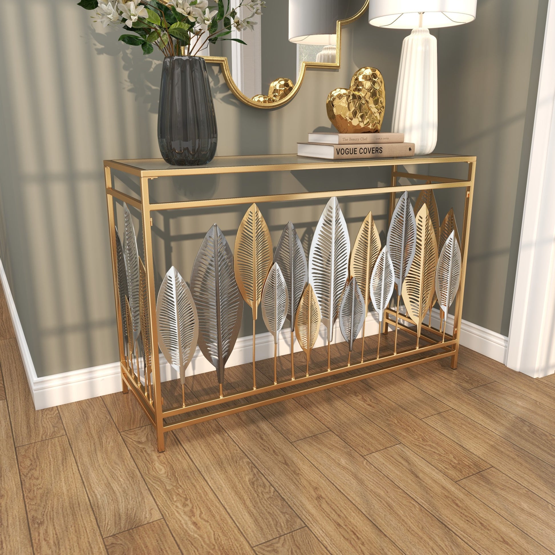 Leaf Metal Rectangular Living Room Console Table with Mirrored Glass Top and Gold Accents
