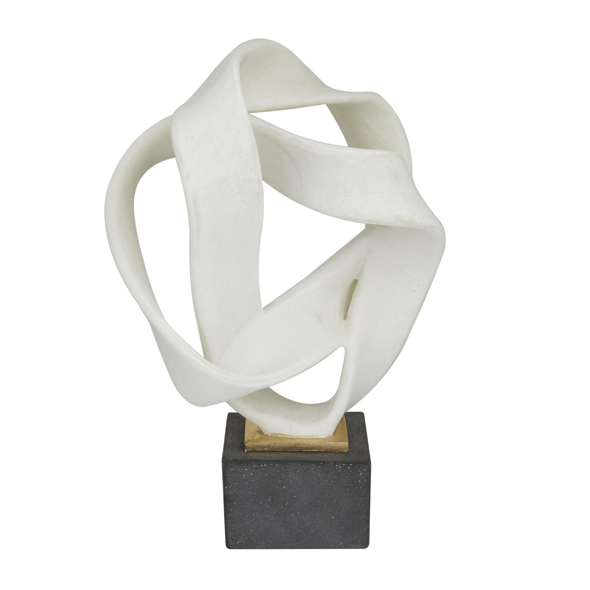 Abstract White Polystone Ribbon Line Decorative Sculpture with Black Base