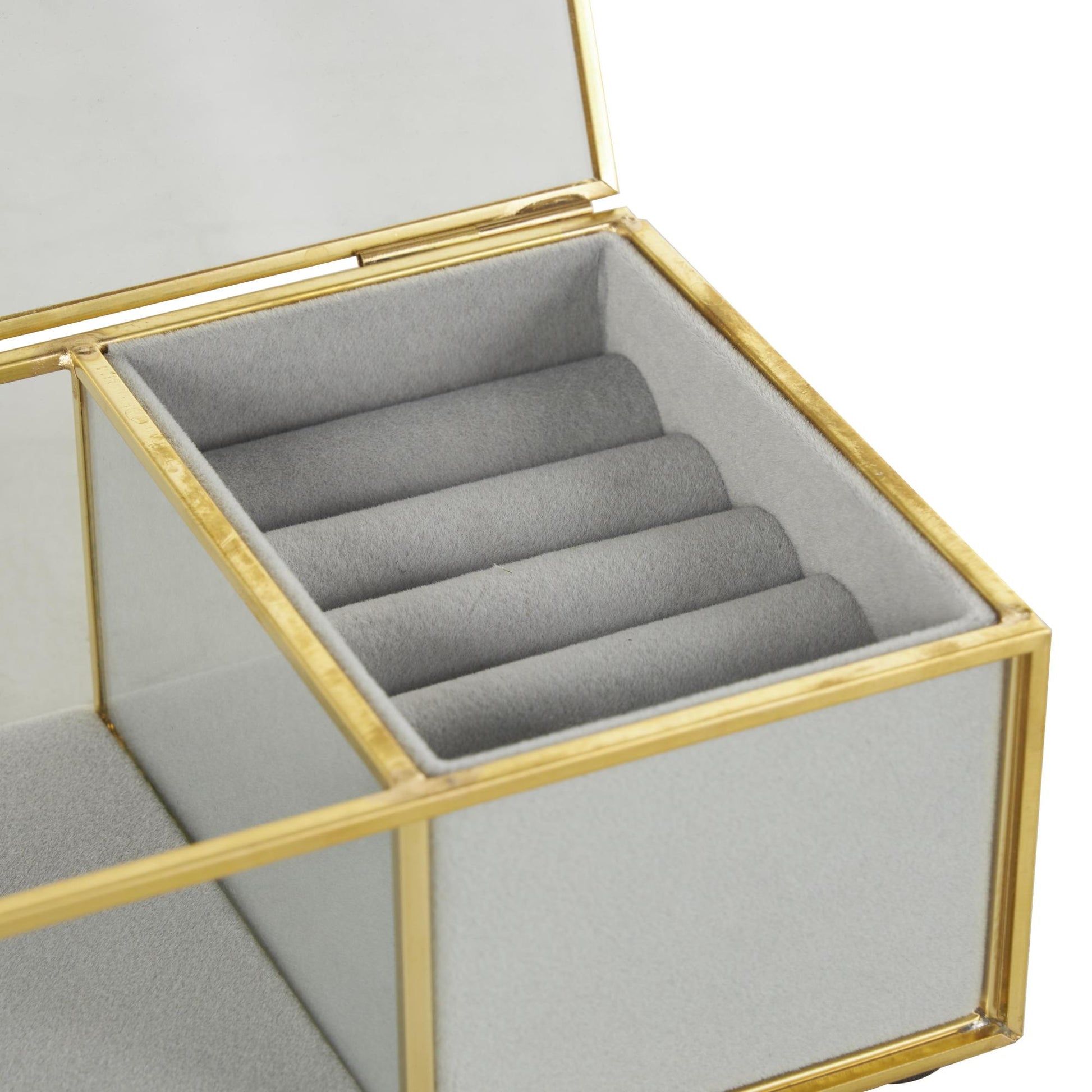 Clear Glass Decorative Jewelry Box with Gold Metal Frame and Gray Fabric Interior with Ring Slots