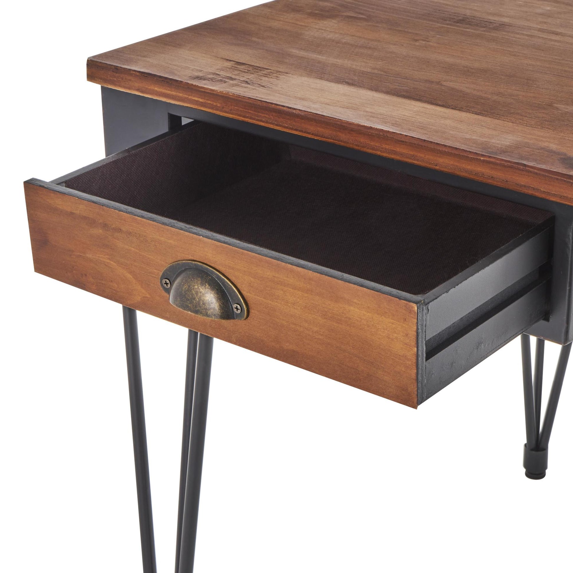 Black Metal Double Sided Living Room Desk with Brown Wooden Tabletop and Drawers
