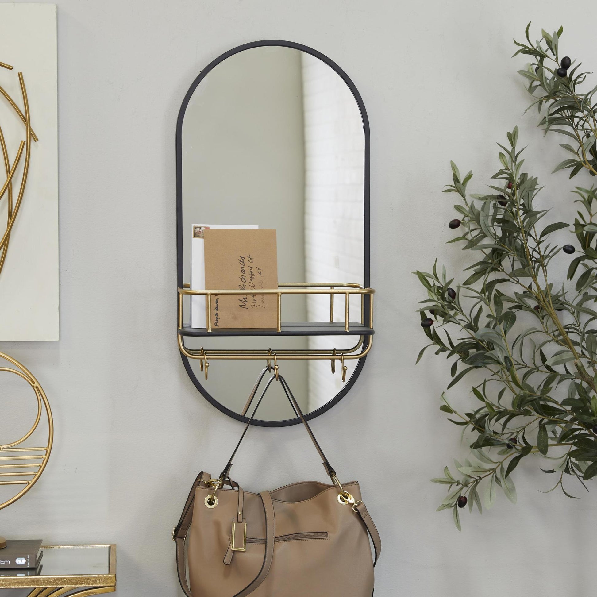 Black Metal Oval 1 Shelf Room Wall Mirror