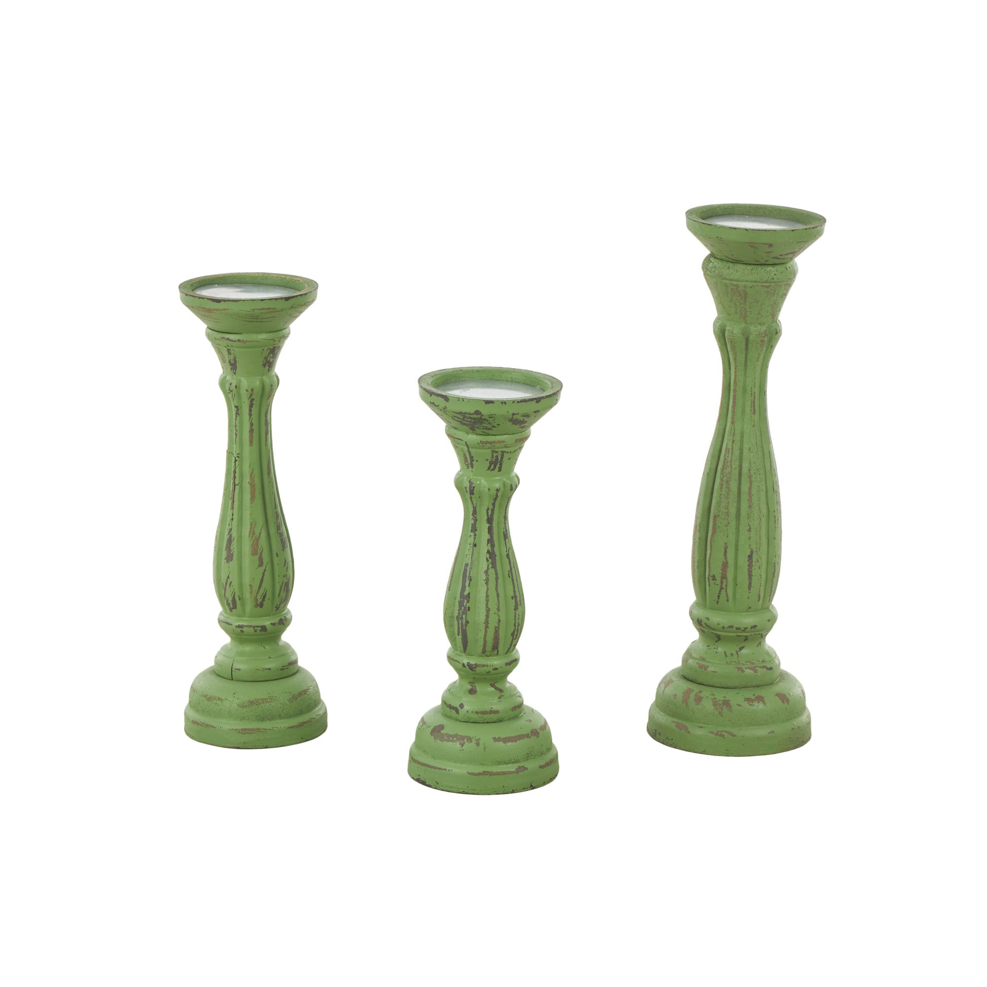 Set of 3 Wooden Distressed Turned Pillar Decorative Candle Holder