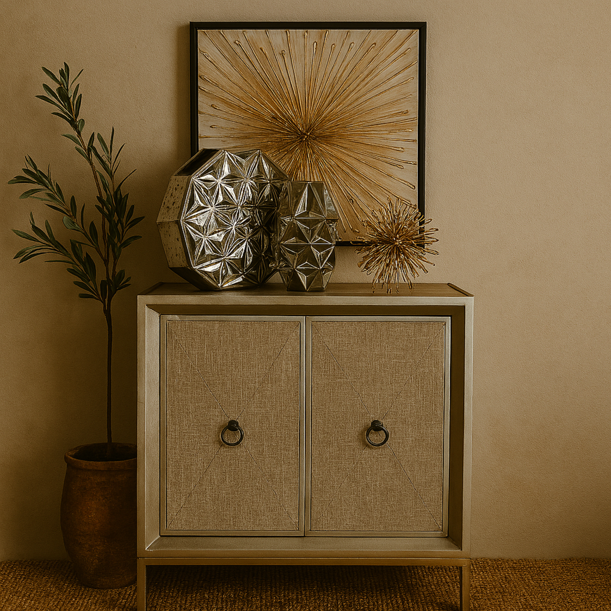 Beige Wooden Upholstered Front Panel 2 Door Room Cabinet with Mirrored Top and Ring Handles
