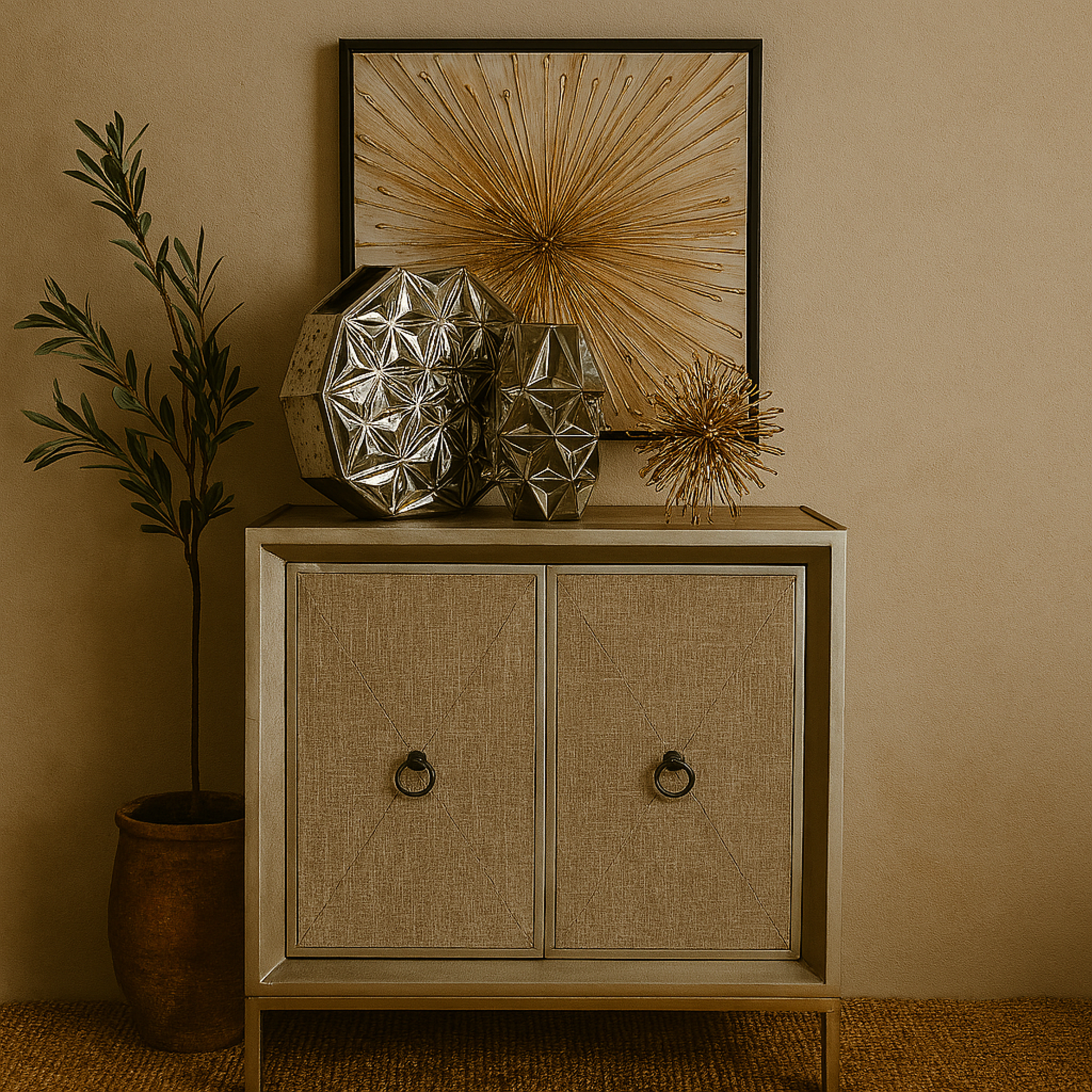 Beige Wooden Upholstered Front Panel 2 Door Room Cabinet with Mirrored Top and Ring Handles