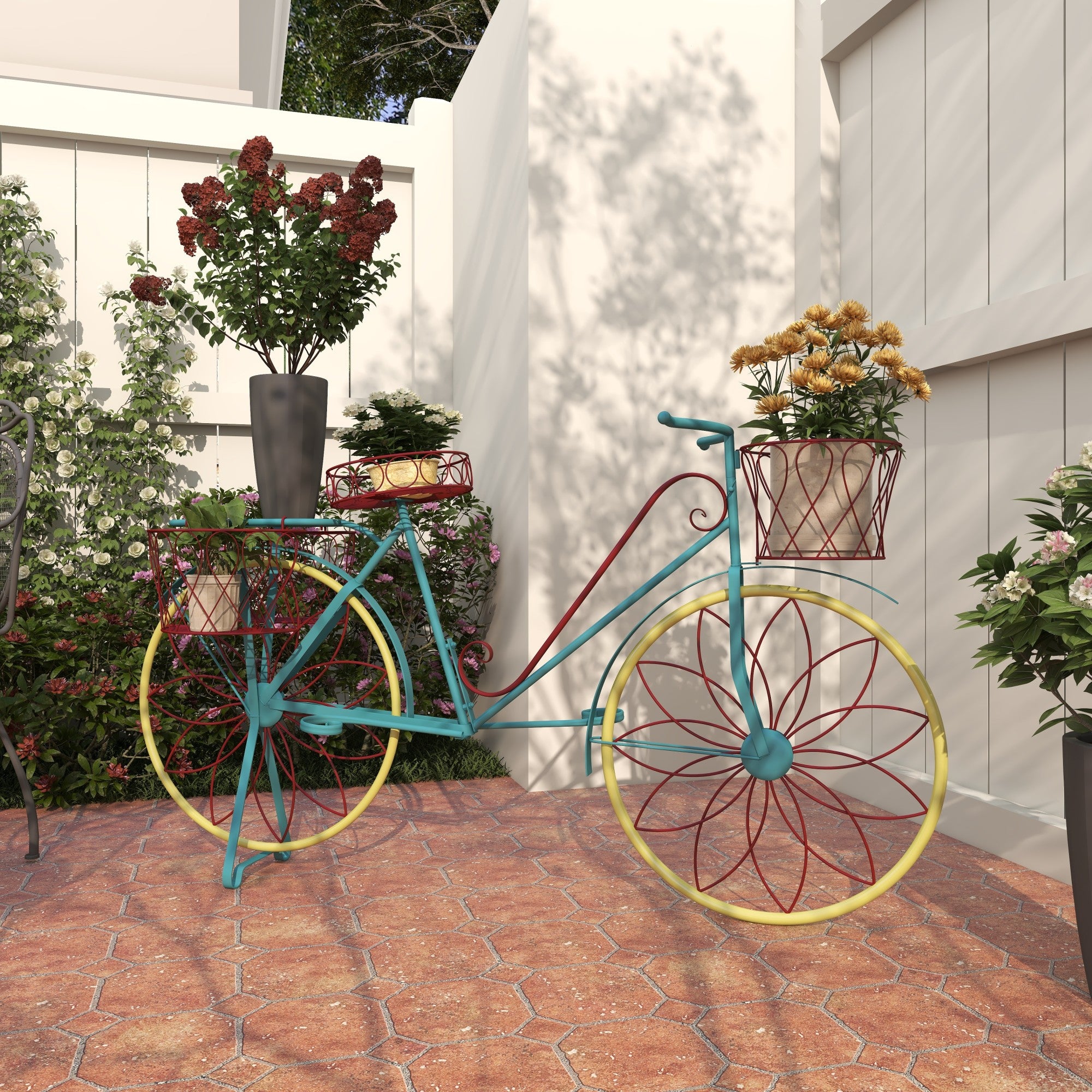 Bike Metal Scrollwork And Wire Design Indoor Outdoor Plantstand with Basket and Saddle Bag Planters