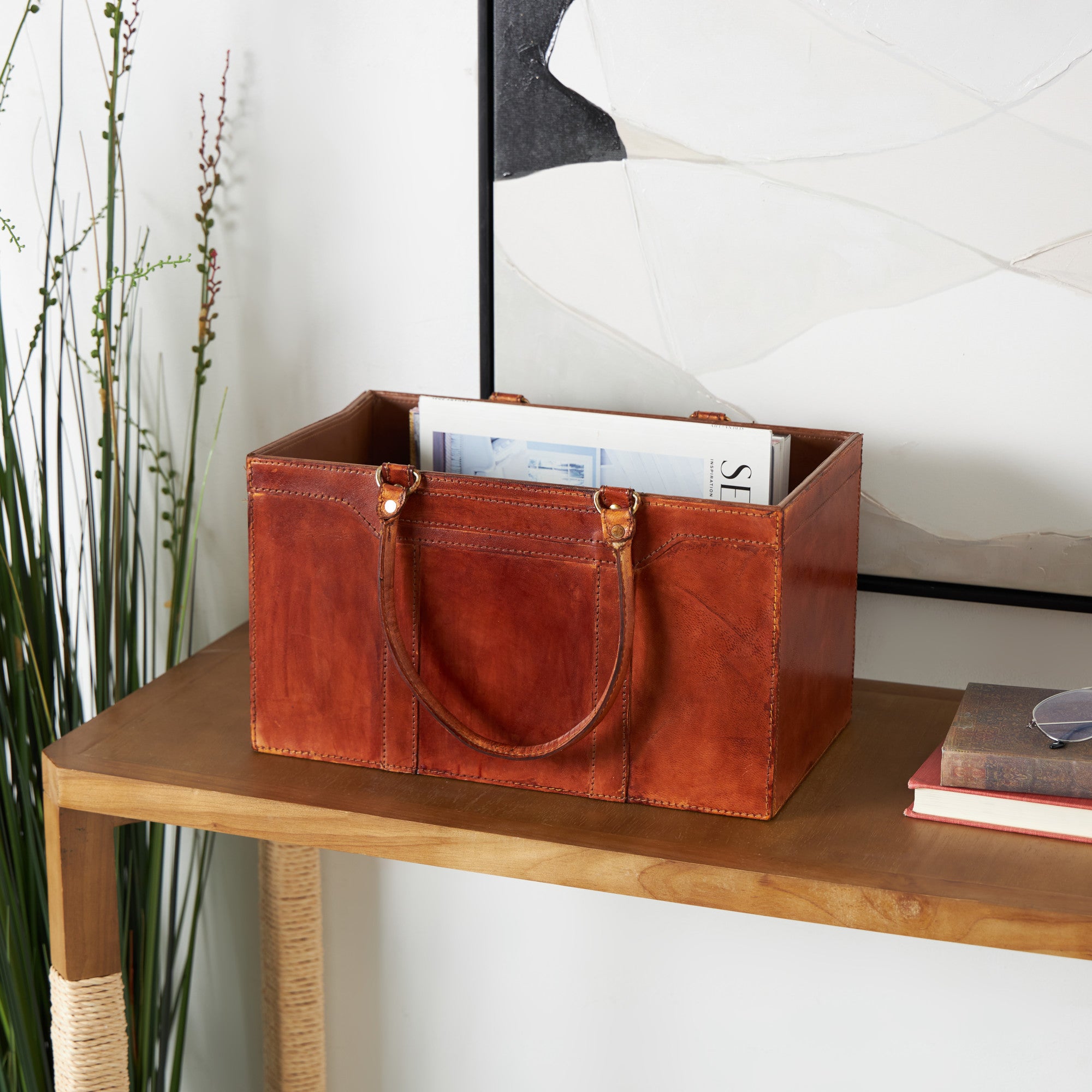 Brown Leather Handmade Box Style Decorative Magazine Holder with Detail Stitching and Curved Handles