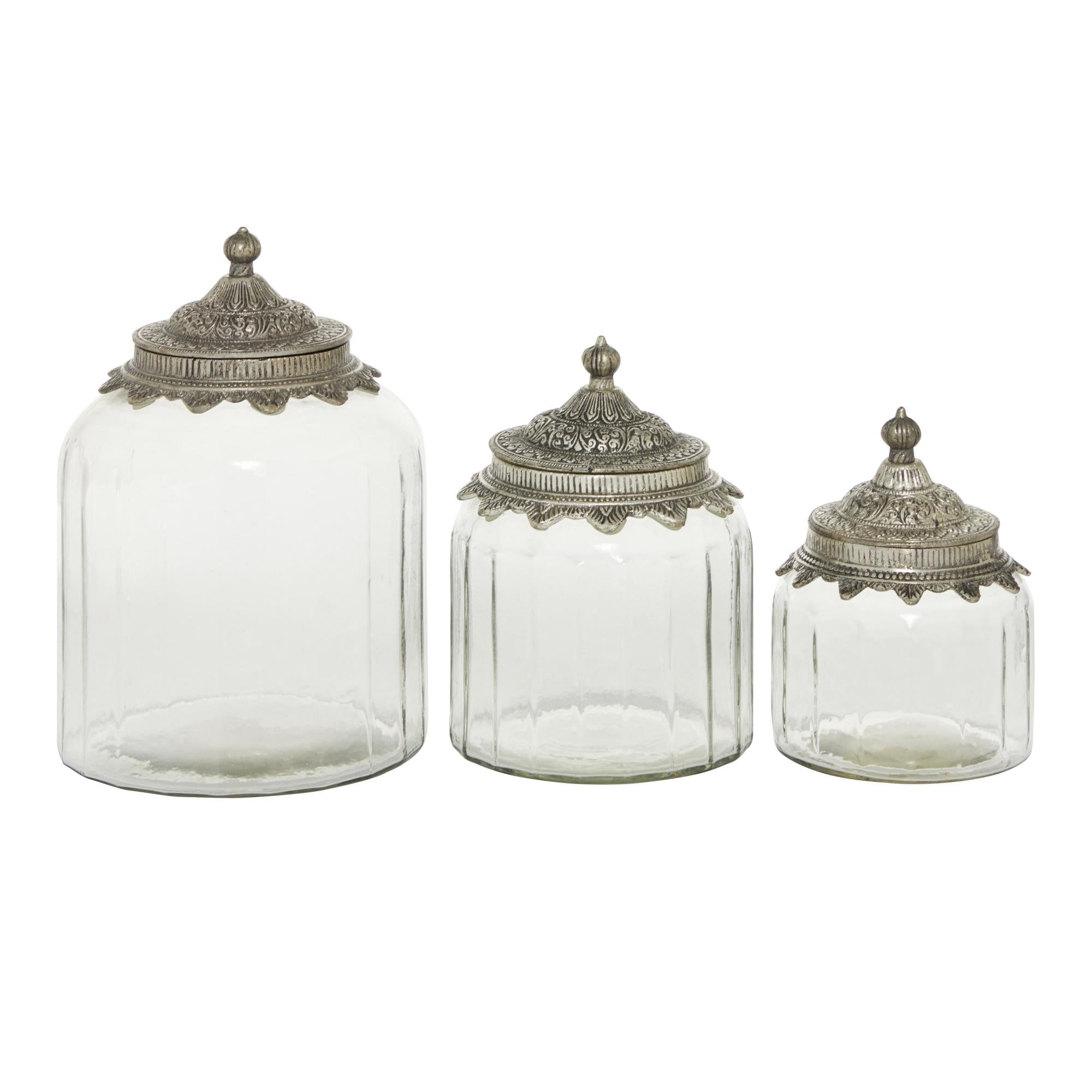 Set of 3 Clear Glass Living Room Decorative Jars with Engraved Silver Lids