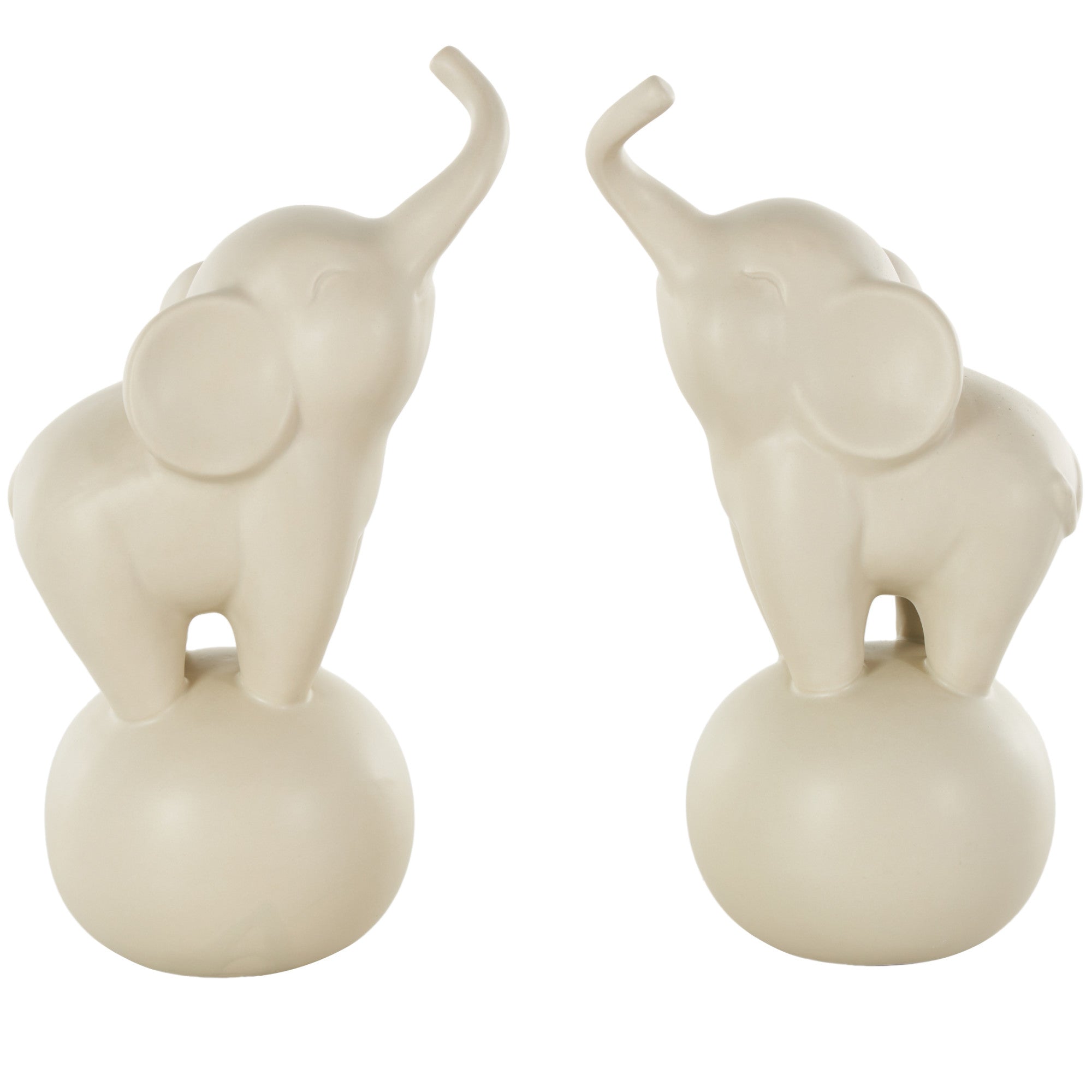 Set of 2 Elephant White Ceramic Trumpeting Decorative Sculpture with Round Base