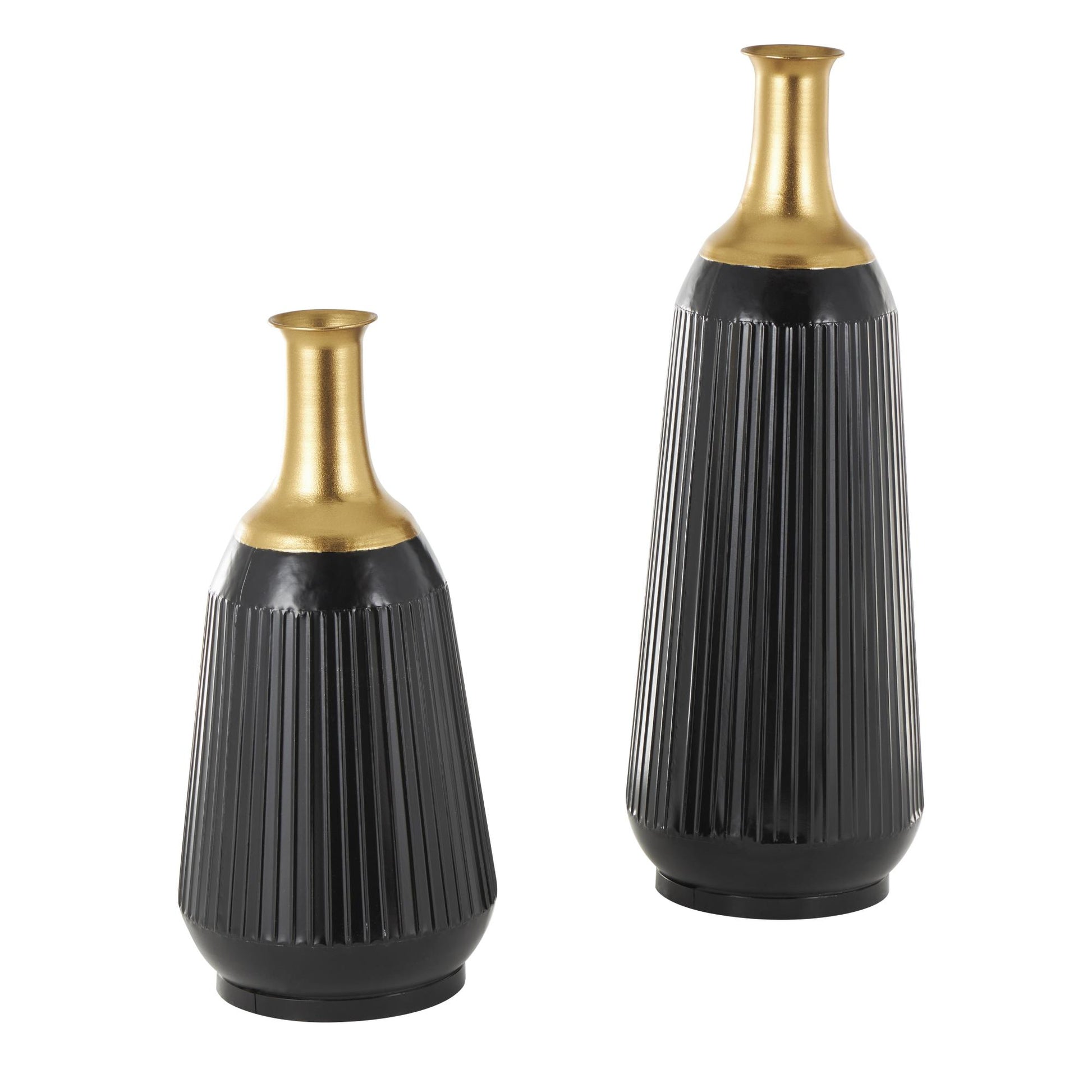 Set of 2 Black Metal Tall Ribbed Decorative Vase with Gold Tops