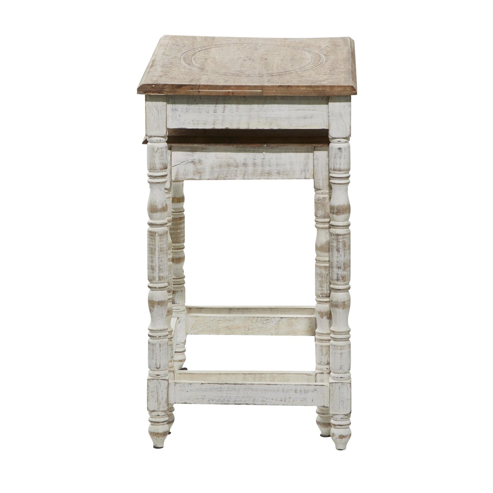 Set of 2 Floral Mango Wood Handmade Intricately Carved Side End Accent Table with Carved Tabletops