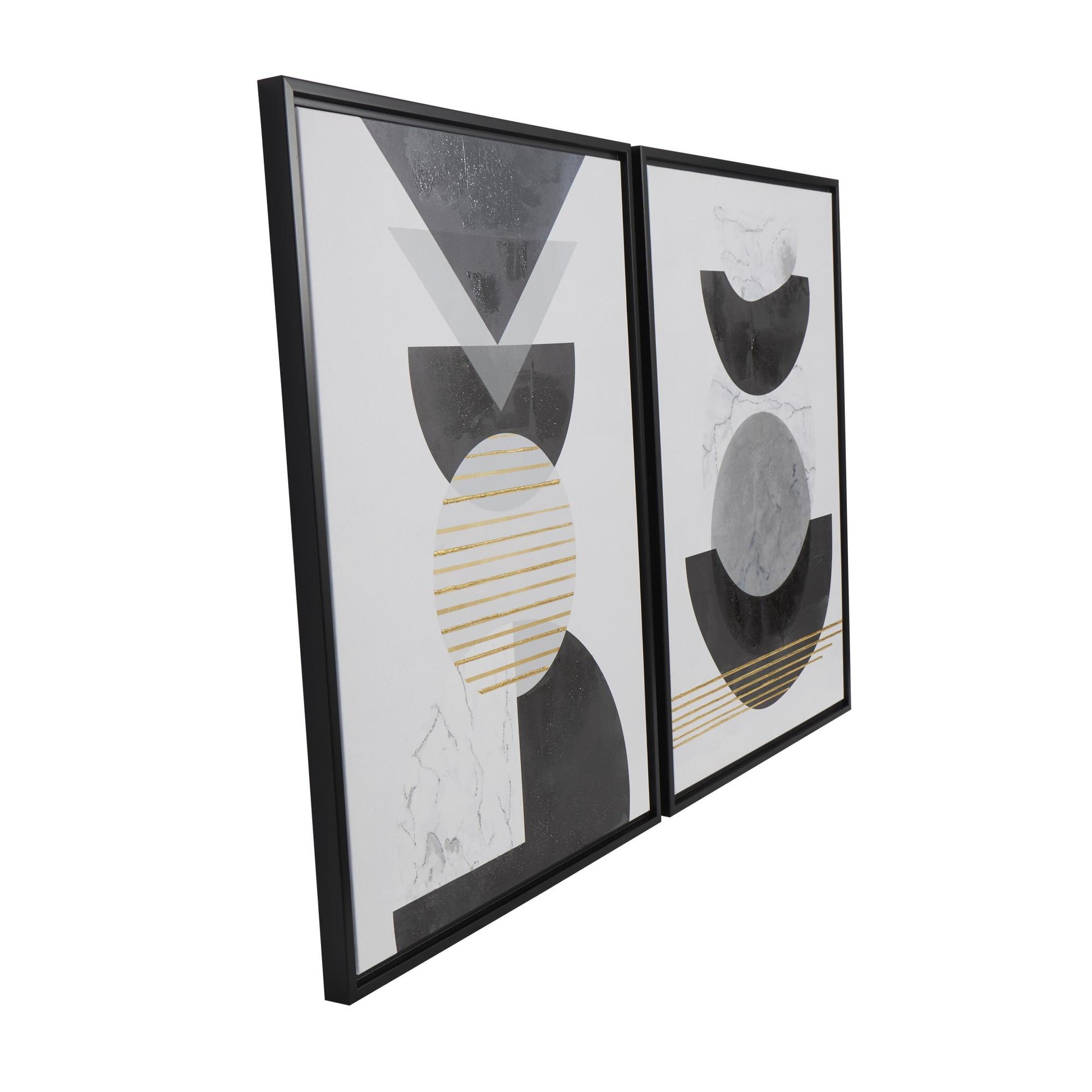 Set of 2 Geometric White Canvas Mid Century Modern Geometric Living Room Framed Wall Art with Gold Foil Accent