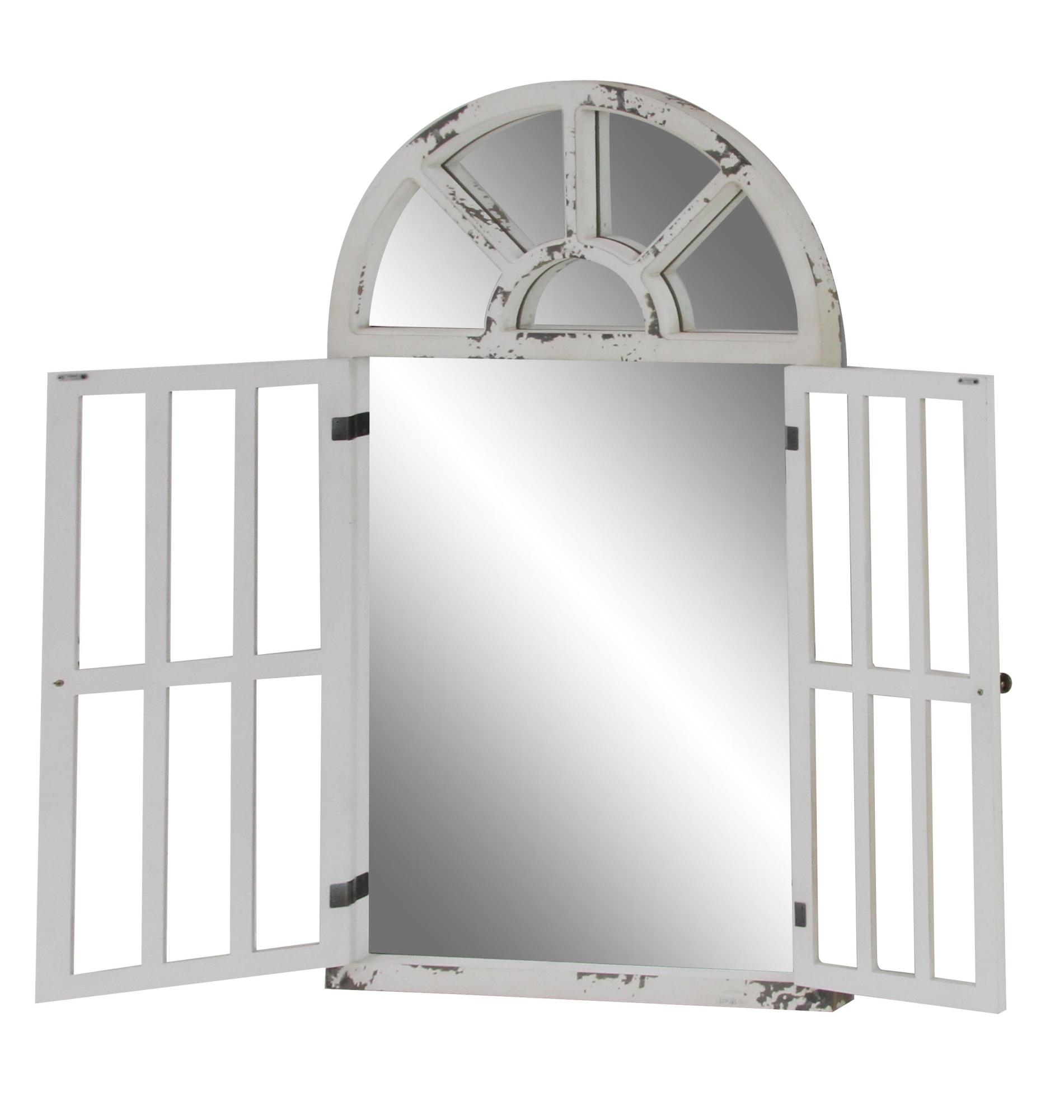 White Wood Window Pane Inspired 2 Door Room Wall Mirror with Arched Top and Distressing