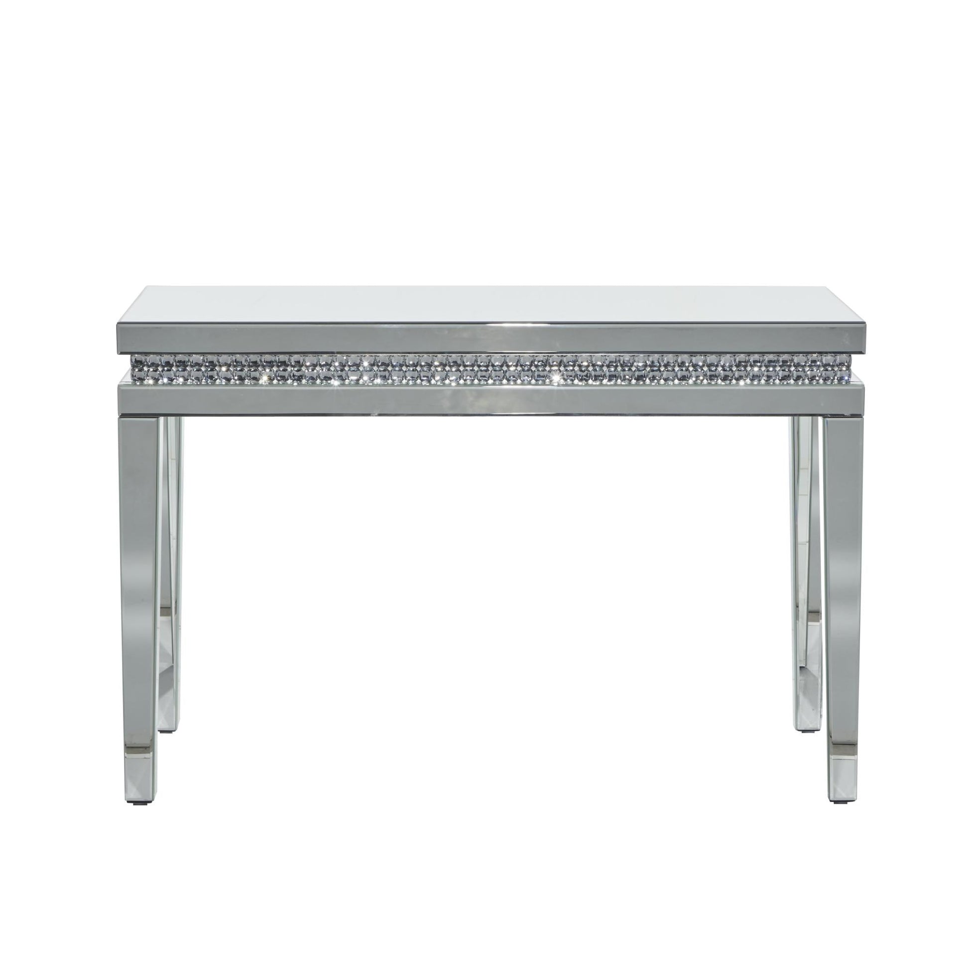 Silver Glass Mirrored Living Room Console Table with Crystal Studded Embellishments