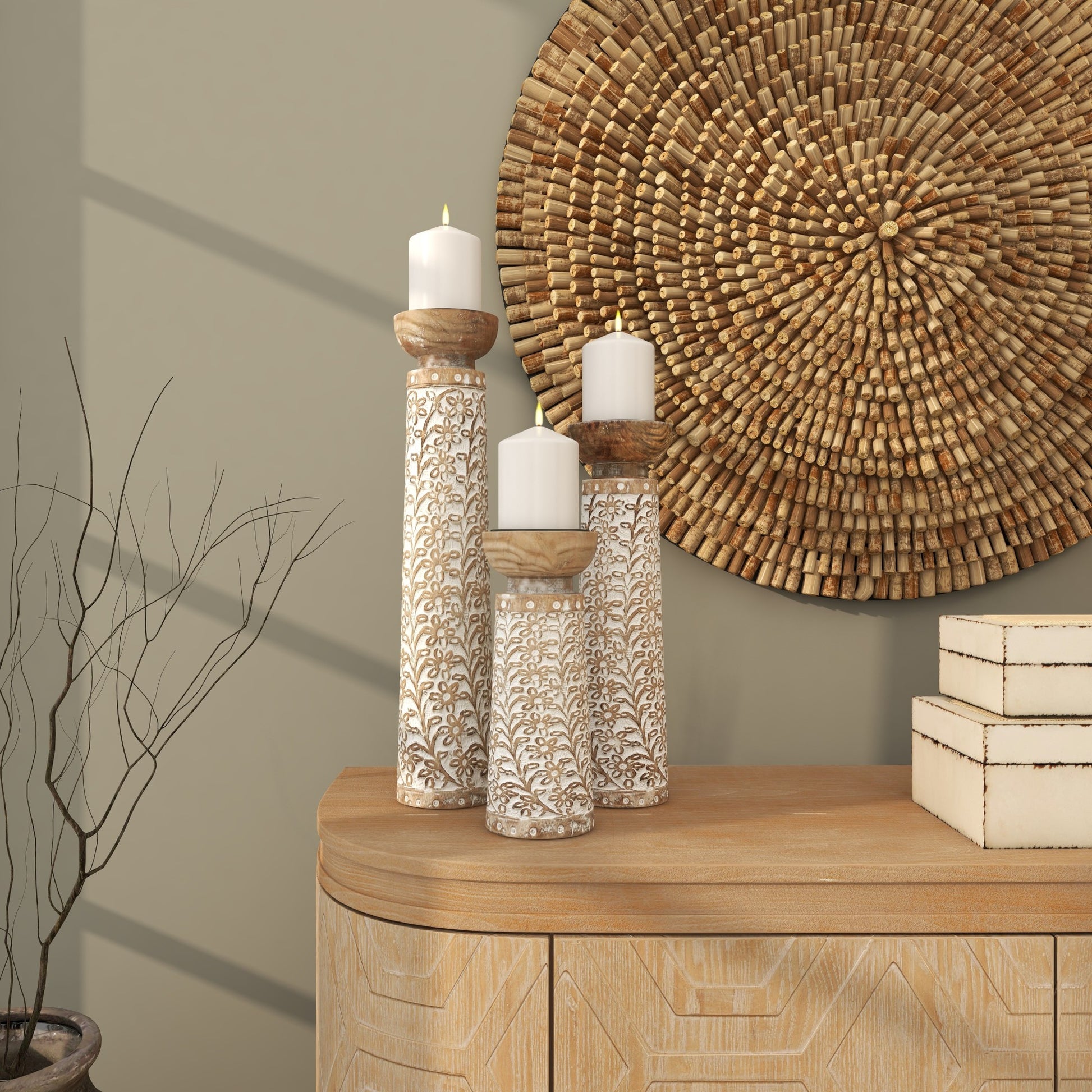 Set of 3 Floral Mango Wood Handmade Vine Decorative Candle Holder with Whitewashed Cream Backing