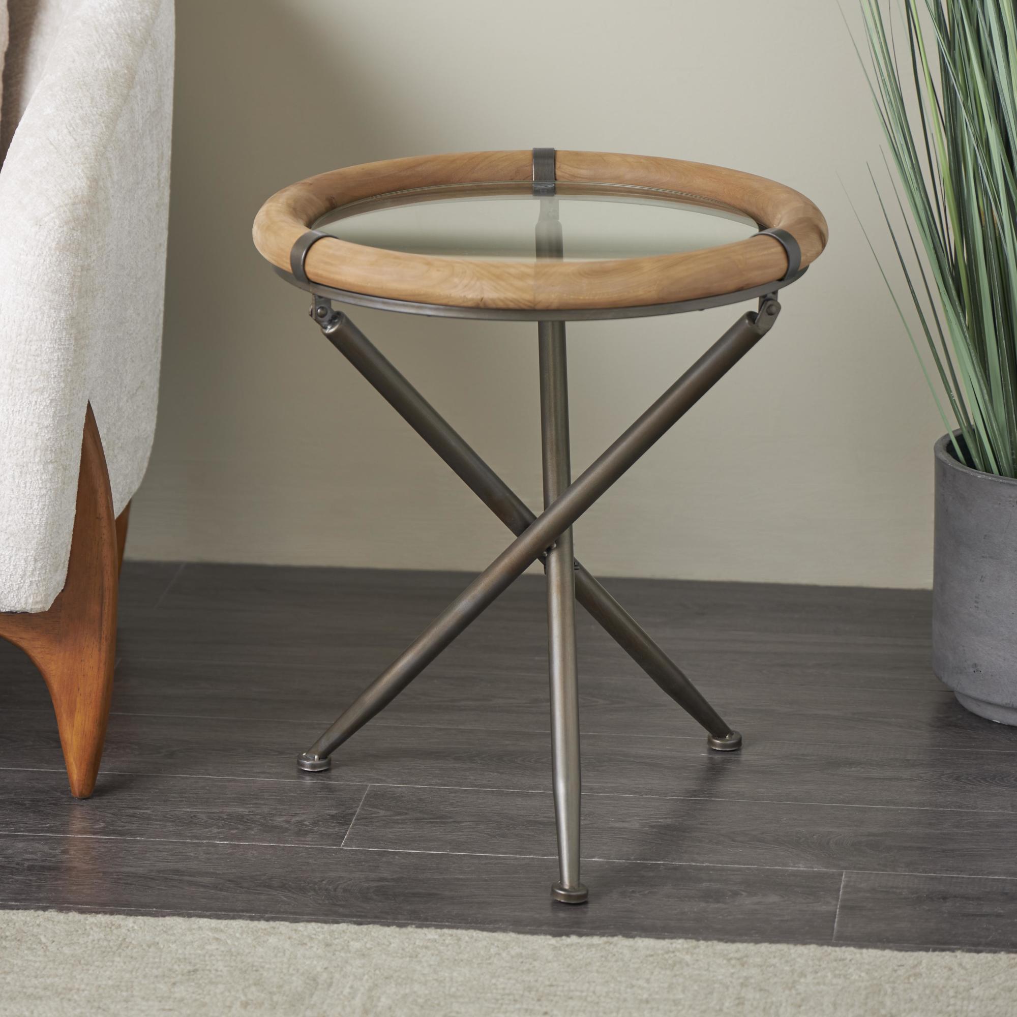 Brass Metal Round Side End Accent Table with Brown Wooden Framed Glass Tabletop