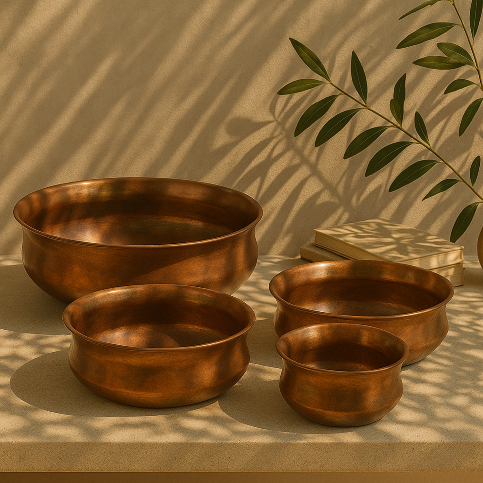 Set of 4 Copper Metal Wide Weathered Low Bowl Indoor Outdoor Planter