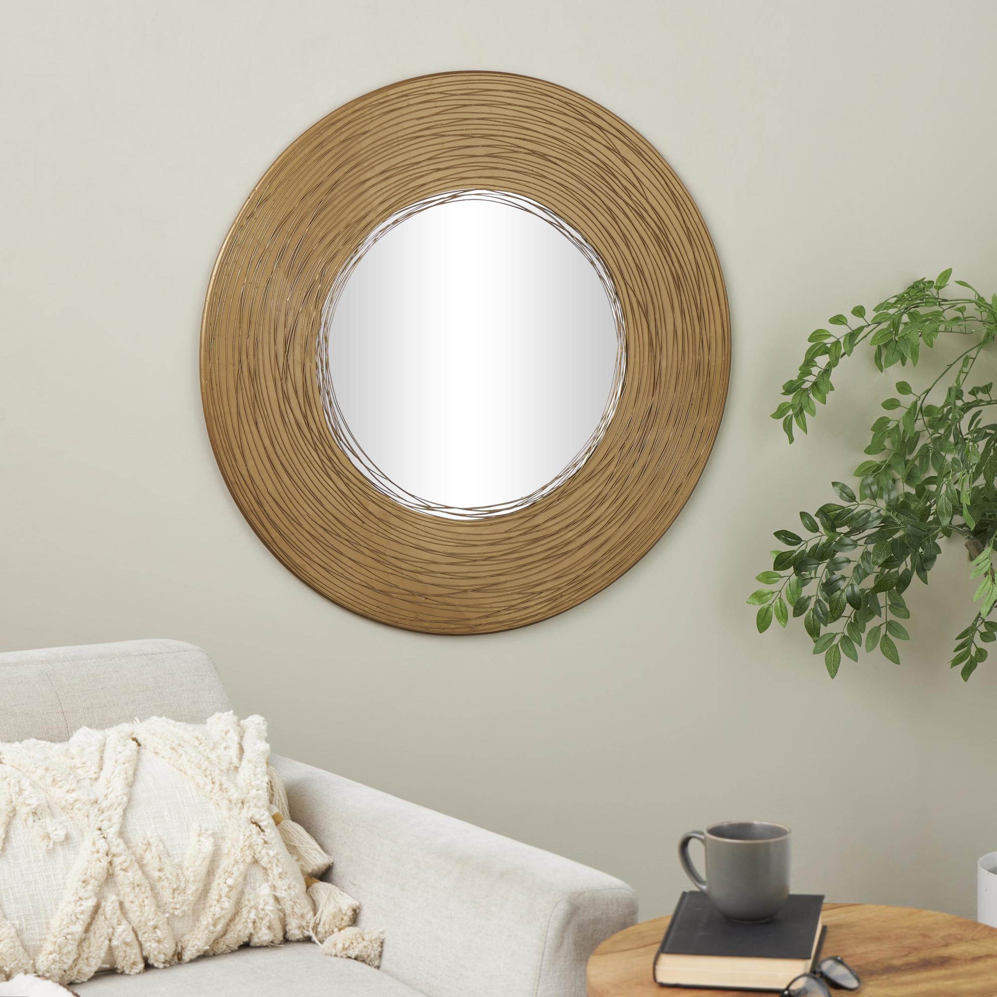 Abstract Gold Metal Room Wall Mirror with Overlapping Wire Rings