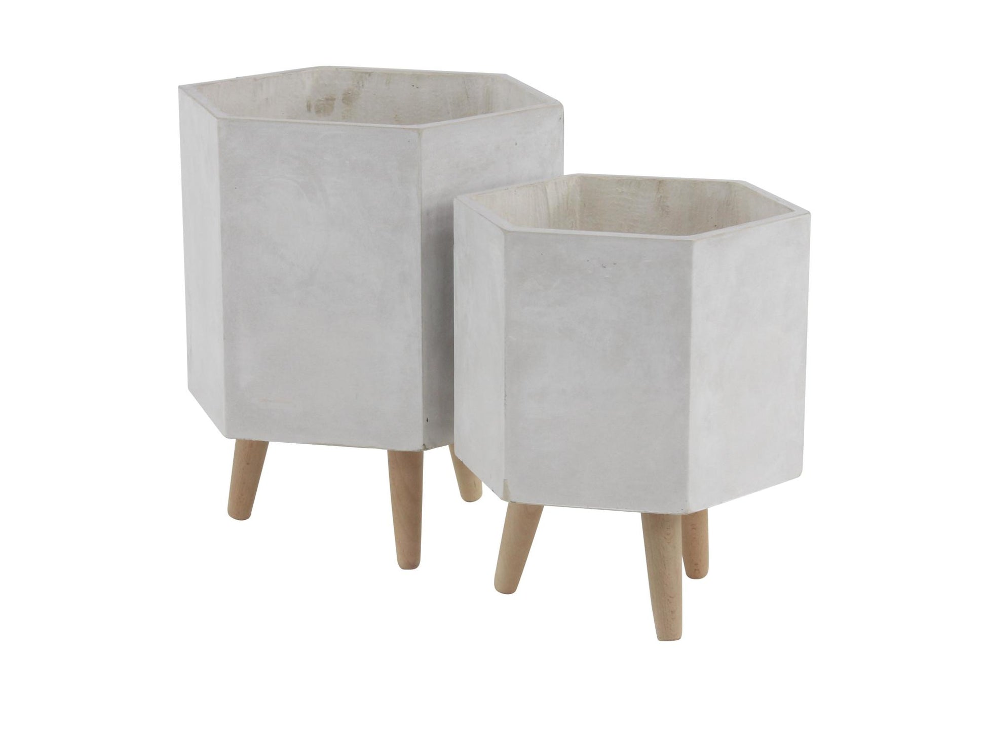 CosmoLiving by Cosmopolitan Set of 2 Geometric Light Gray Magnesium Oxide Hexagon Indoor Outdoor Planter with Brown Wooden Legs