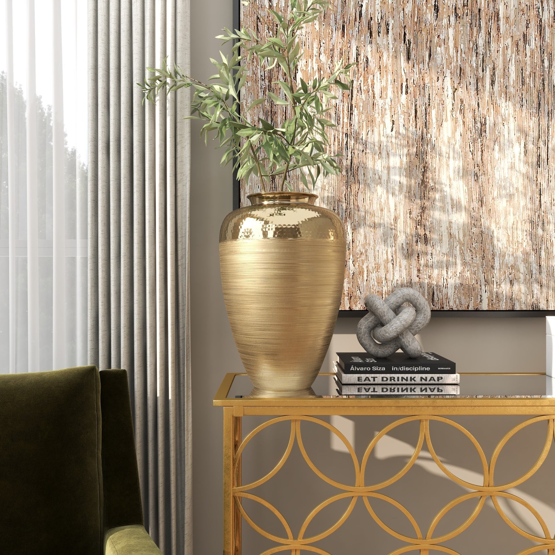 Gold Aluminum Metal Brushed Decorative Vase with Hammered Top